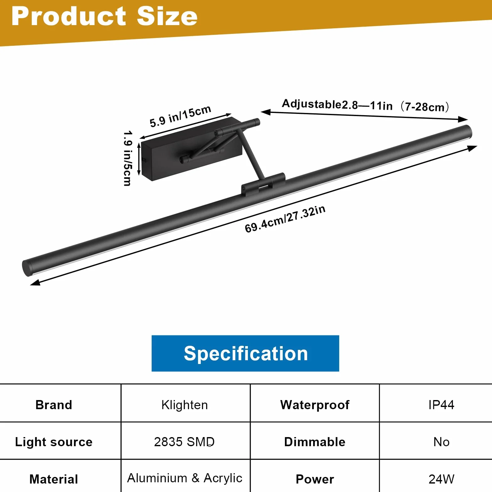 Klighten LED Lámpara de Espejo 70cm 24W 1650LM IP44 4000K Negro