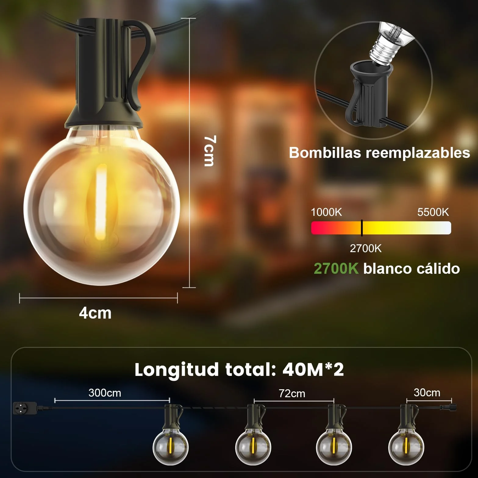 Yuusei Guirnalda Luces LED Exterior 40MX2 Mando Distancia IP45 2700K Blanco Cálido G40 Irrompibles 80M