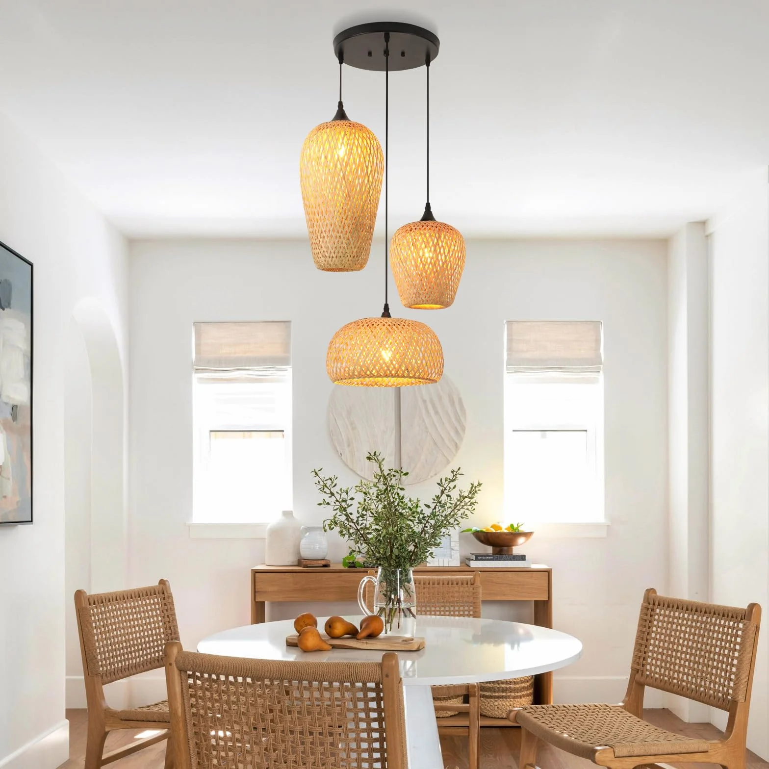 Lampara De Techo Bambu 3-Luz E27 Tejido A Mano Boho Vintage Para Salon Cocina Dormitorio