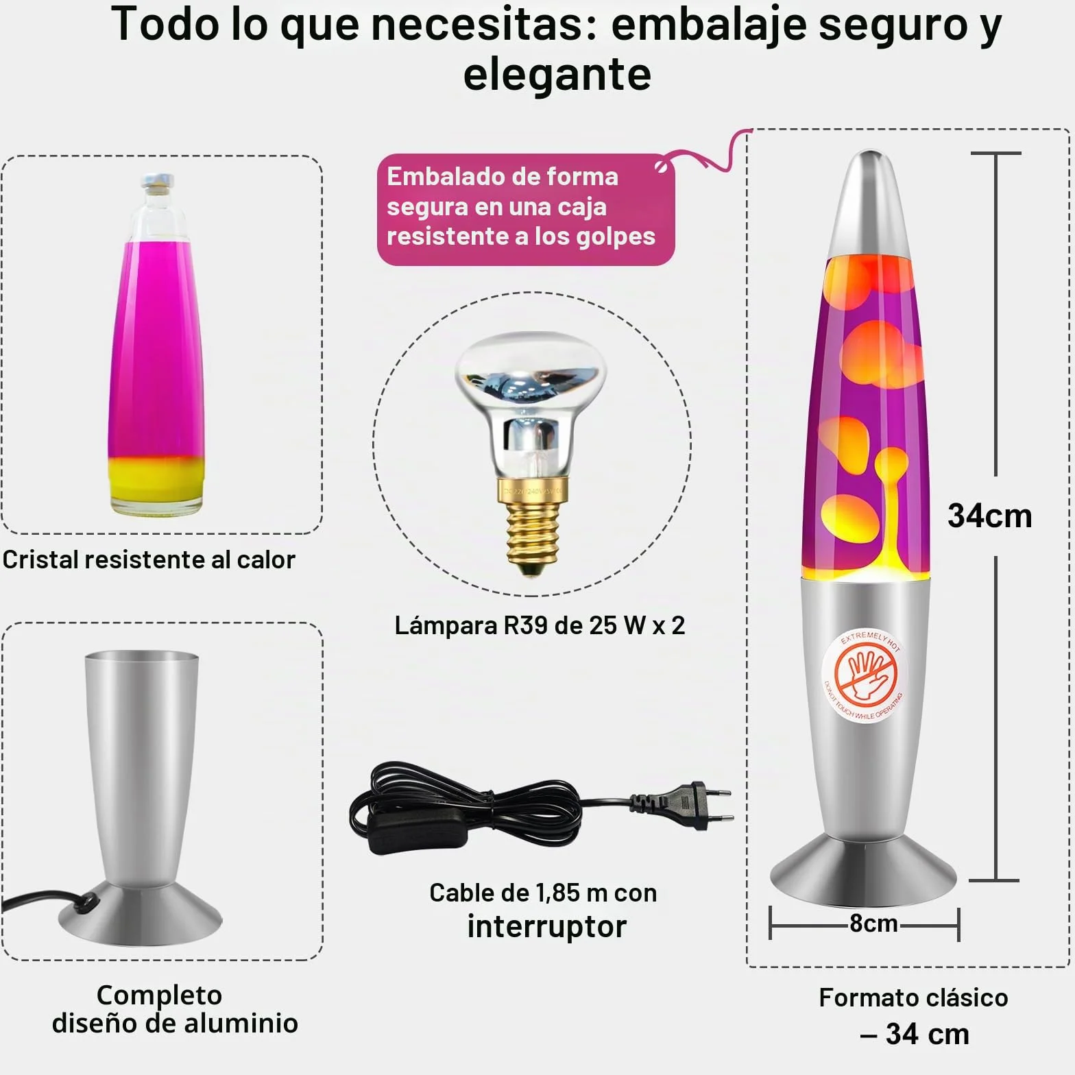 Lámpara de lava retro 34 cm violeta y amarilla – decorativa y relajante, aluminio y vidrio – para dormitorio y salón, regalo original – E14 R39 25 W, 2 bombillas incluidas