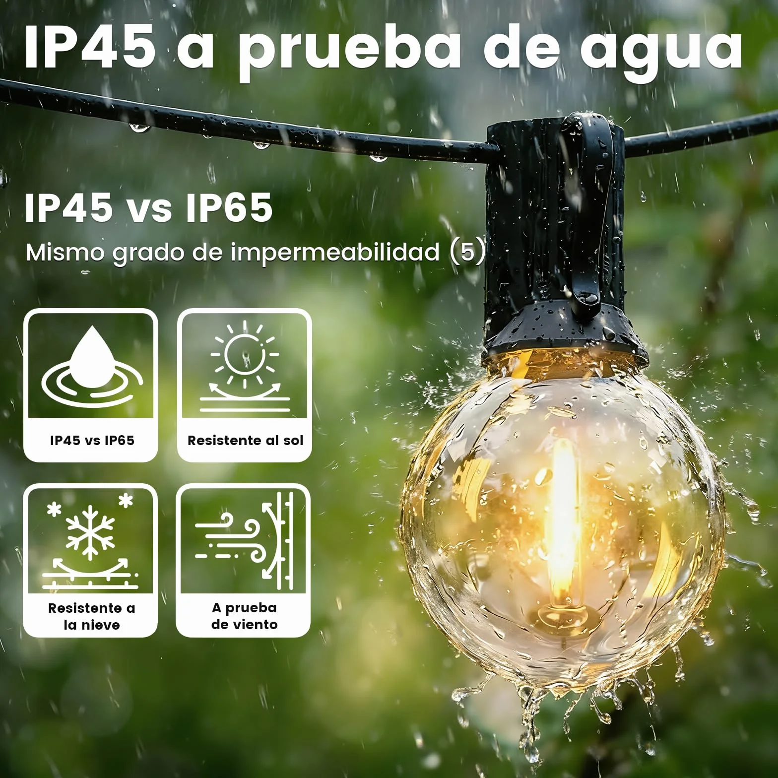 Yuusei Guirnalda LED Exterior 30M, 52 Bombillas Plástico Inastillable, Impermeable 4 Modos Control Remoto