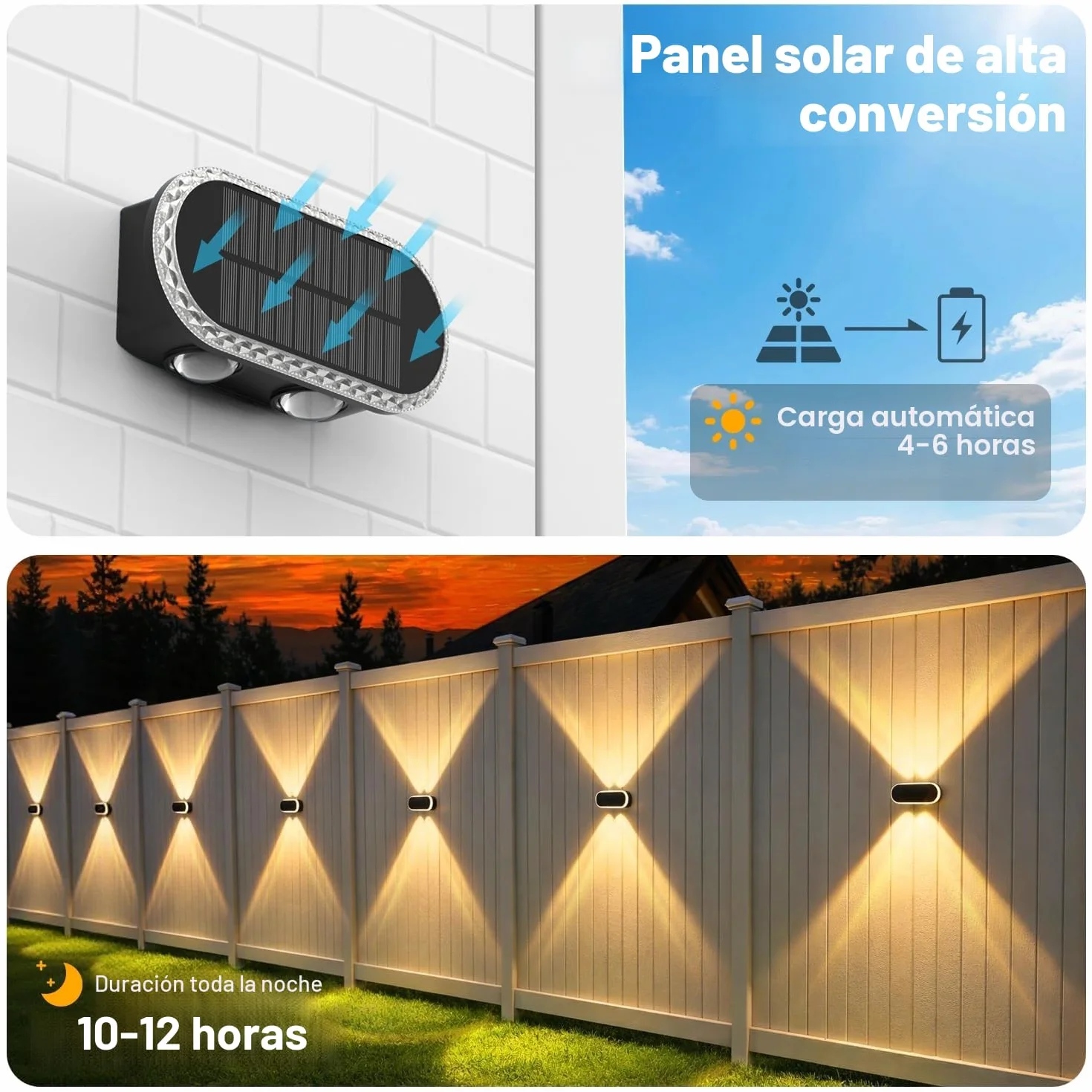 Aplique Solar Exterior Pared: Lámparas Solares Exteriores Arriba y Abajo - IP65 Impermeable Luces Solares Exterior para Jardin Garaje Cerca Muro (4 Piezas)