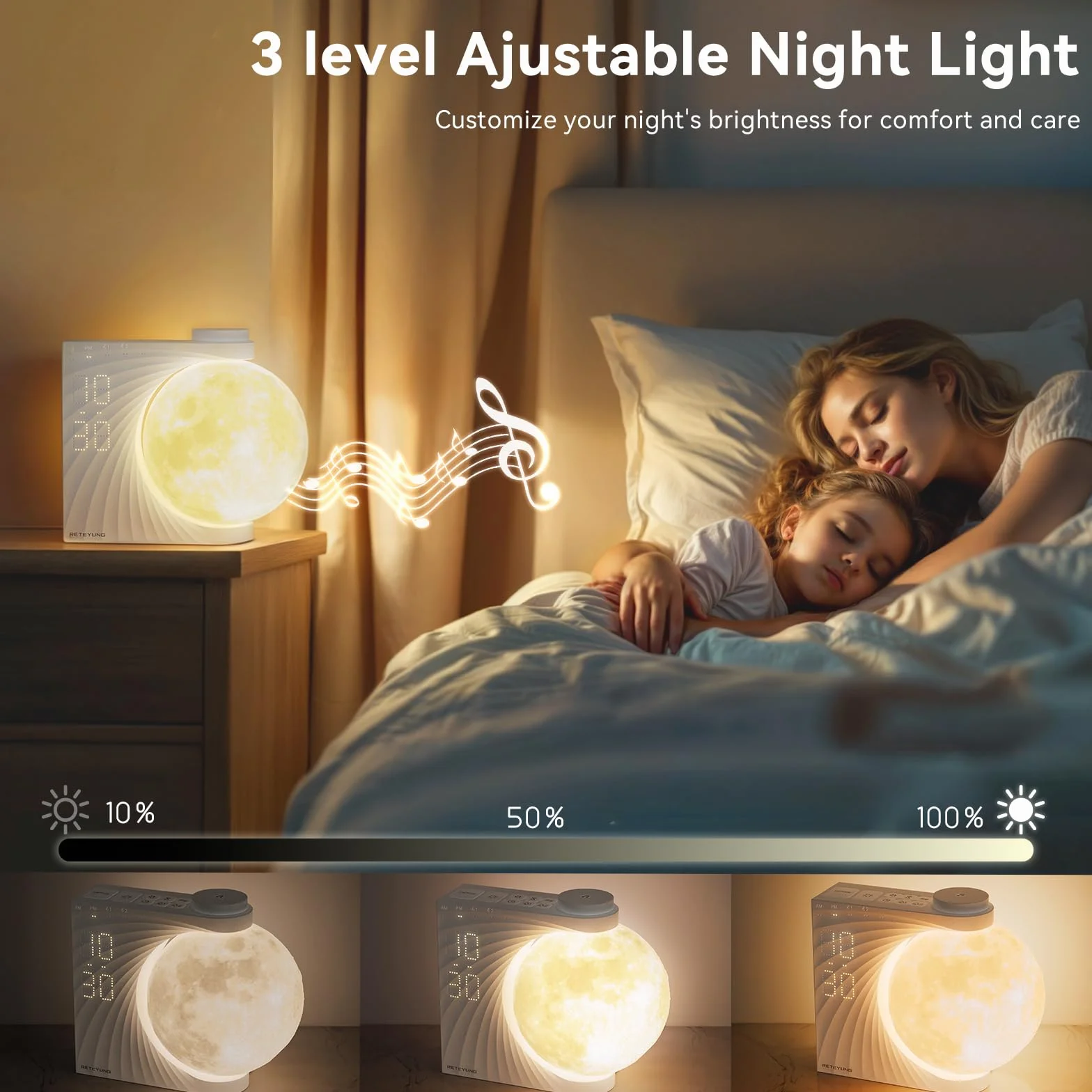 RETEYUNG Lámpara Luna Despertador Amanecer Luz Nocturna RGB 8 Colores 10 Sonidos Naturales Función Snooze 3 Niveles
