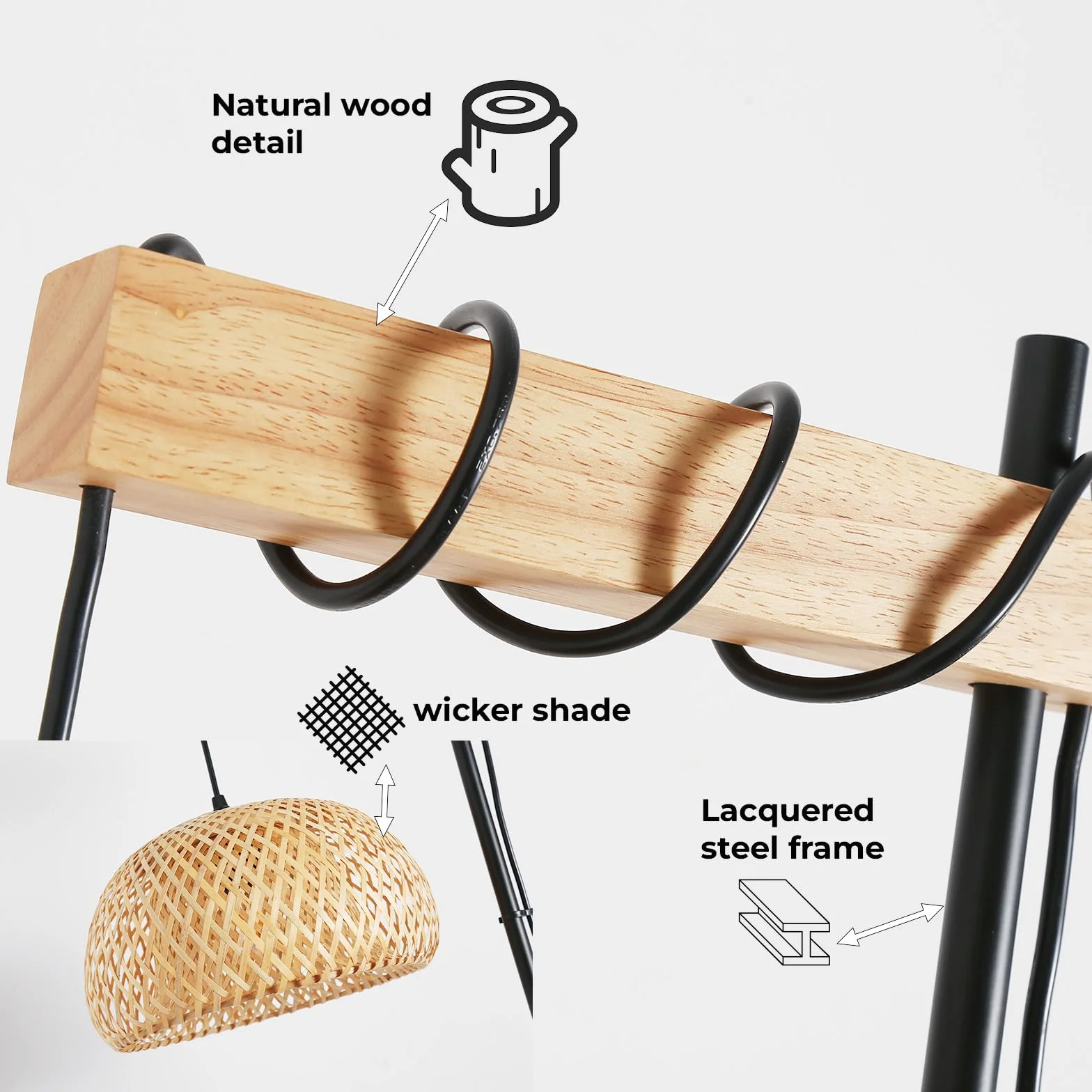 Alpinaluz Lámpara de Pie Mimbre Natural 157 cm E27 Estructura Negra Madera
