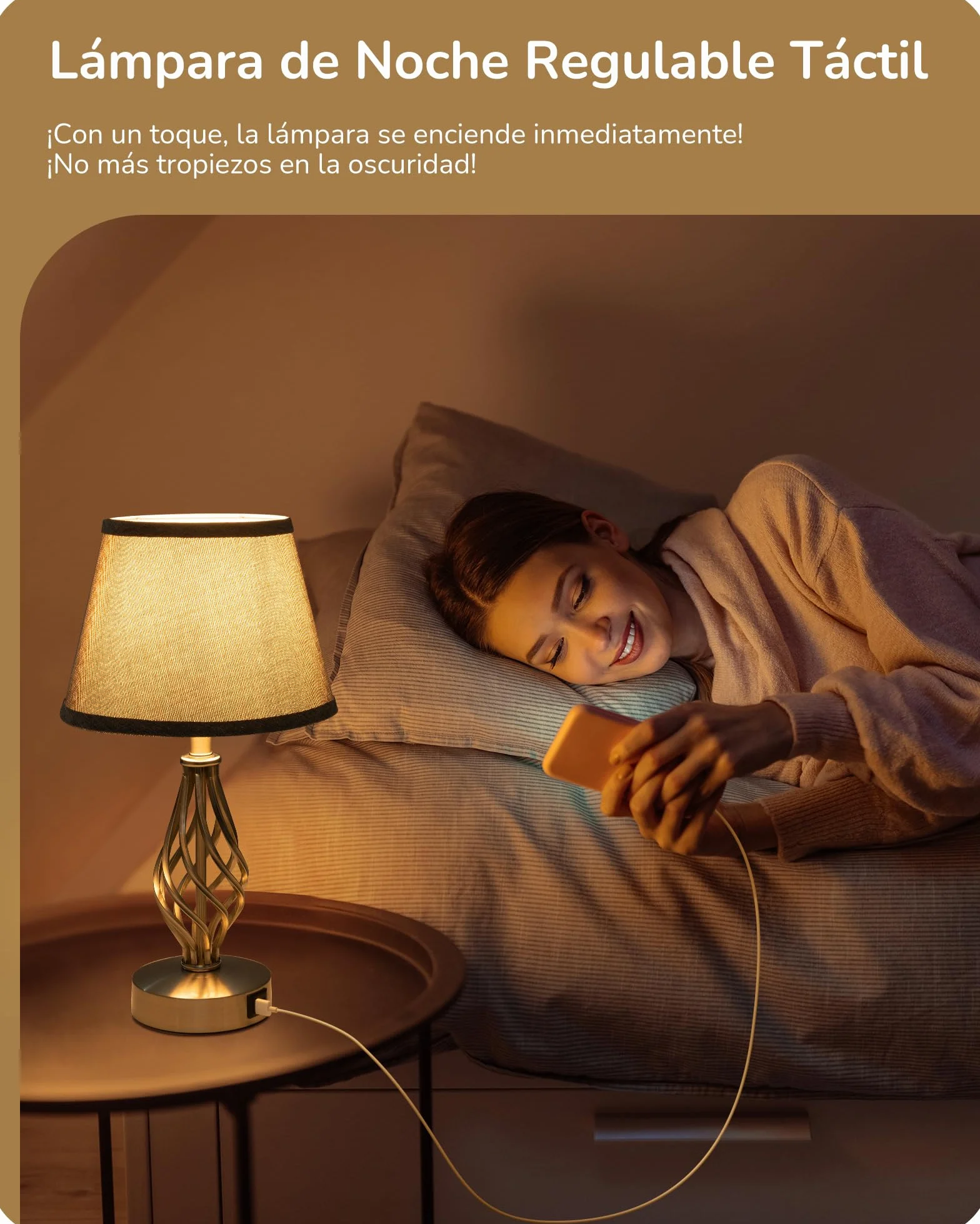 EDISHINE Lámpara de Noche LED Regulable Táctil 2 Lámparas de Mesa 2 Puertos USB de Carga para Dormitorio, Salón, Alféizar de Ventana, Regalo, Pantalla de Lino, Gris