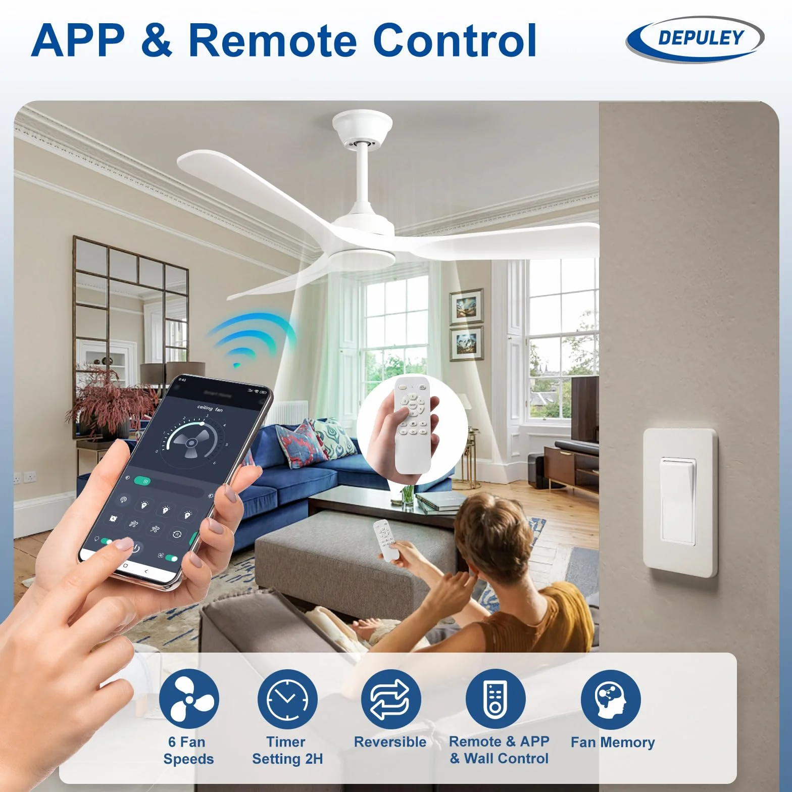 Depuley Ventilador de techo sin luz: Ventilador de exterior de 52 pulgadas con control remoto por aplicación para porches y terrazas - Ventilador de techo blanco sin luz, reversible, 6 velocidades