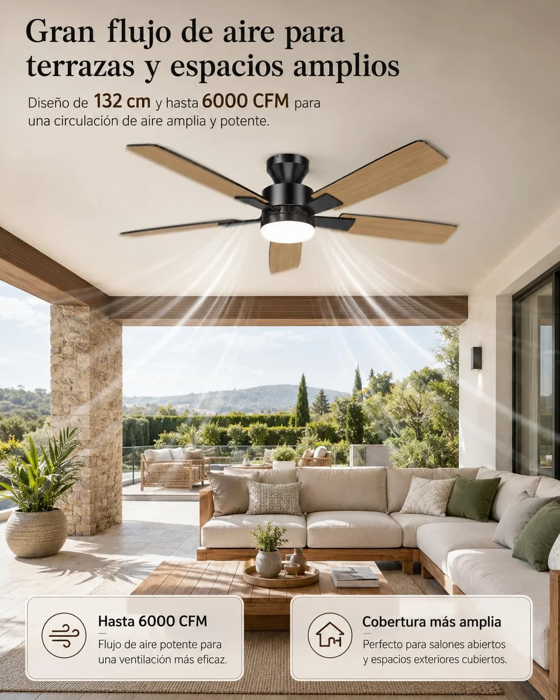 Airwit Ventilador de Techo con Luz 132cm, Silencioso, Mando a Distancia, 6 Velocidades, LED Regulable, Motor DC Reversible