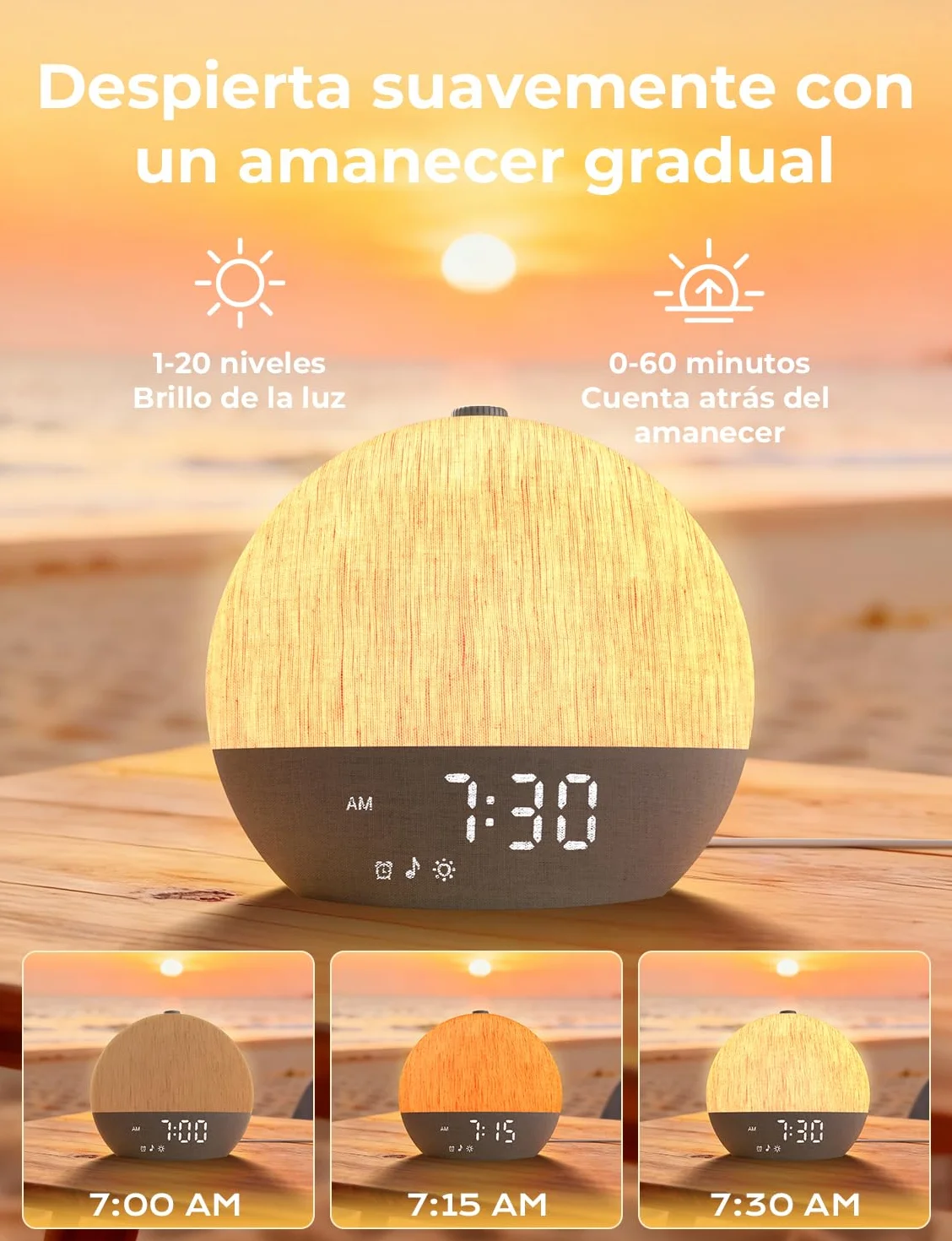 LIORQUE Despertador Amanecer, Despertador Luz Natural Simulación de Amanecer, 17 Modos de Luz, 30 Sonidos Relajantes, Modo de Ayuda para Dormir, Conexión Bluetooth, Función Alarma y Snooze