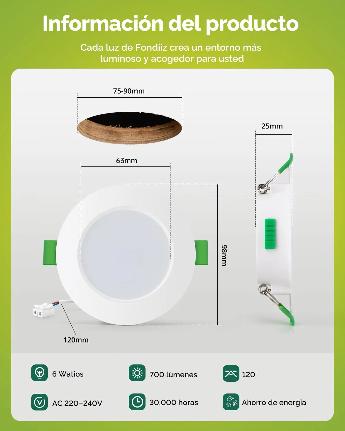 Fondiiz 12 Pack Downlight LED Techo Empotrable, 6W 220V IP44, Corte 75-90mm, Diámetro 98mm