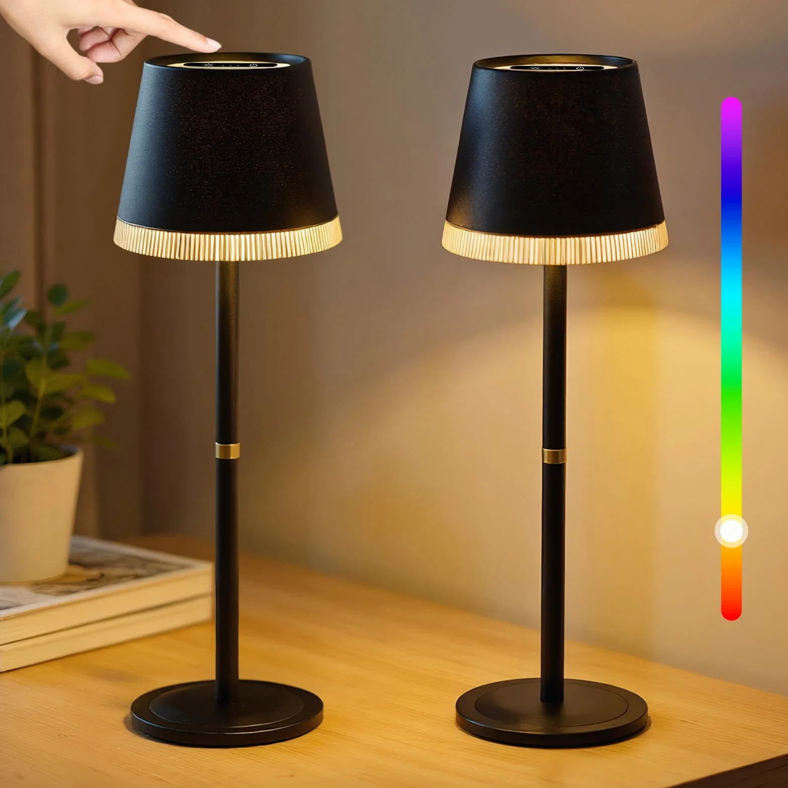 OUTON Lámpara de Mesa Inalámbrica con 3 Modos de Luz y RGB, LED Recargable con Control Táctil, Regulable y Memoria, Impermeable IP54 para Dormitorio, Bar y Café, Negro