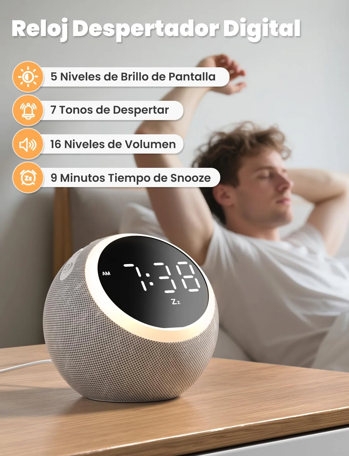 LIORQUE Despertador Luz con Ruido Blanco, 25 Sonidos Calmantes, Volumen Ajustable, Luz Nocturna, Temporizador