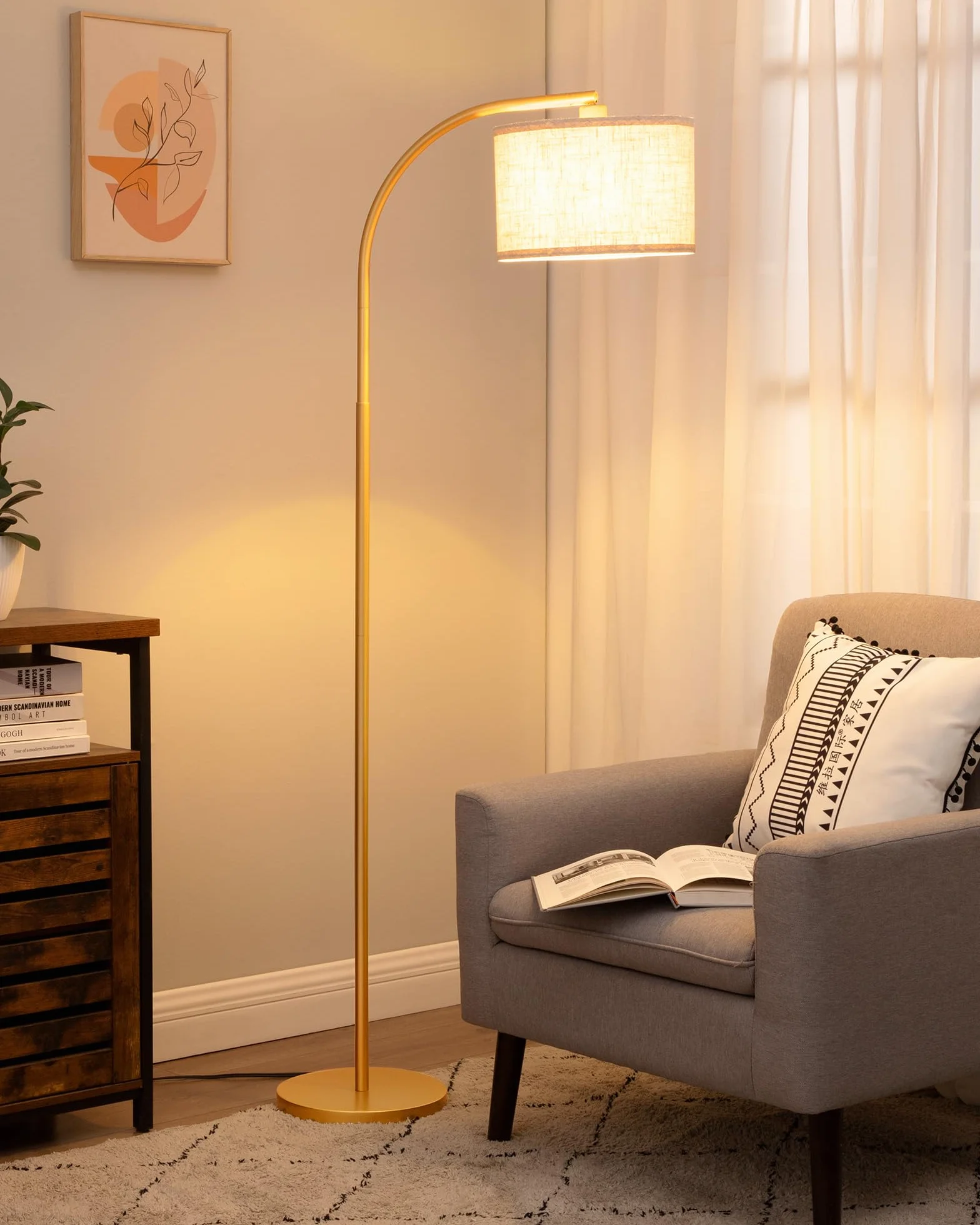 EDISHINE Lámpara de Pie Arco 161cm Pantalla de Lino Beige E27 con Bombilla LED Ajustable Dorado