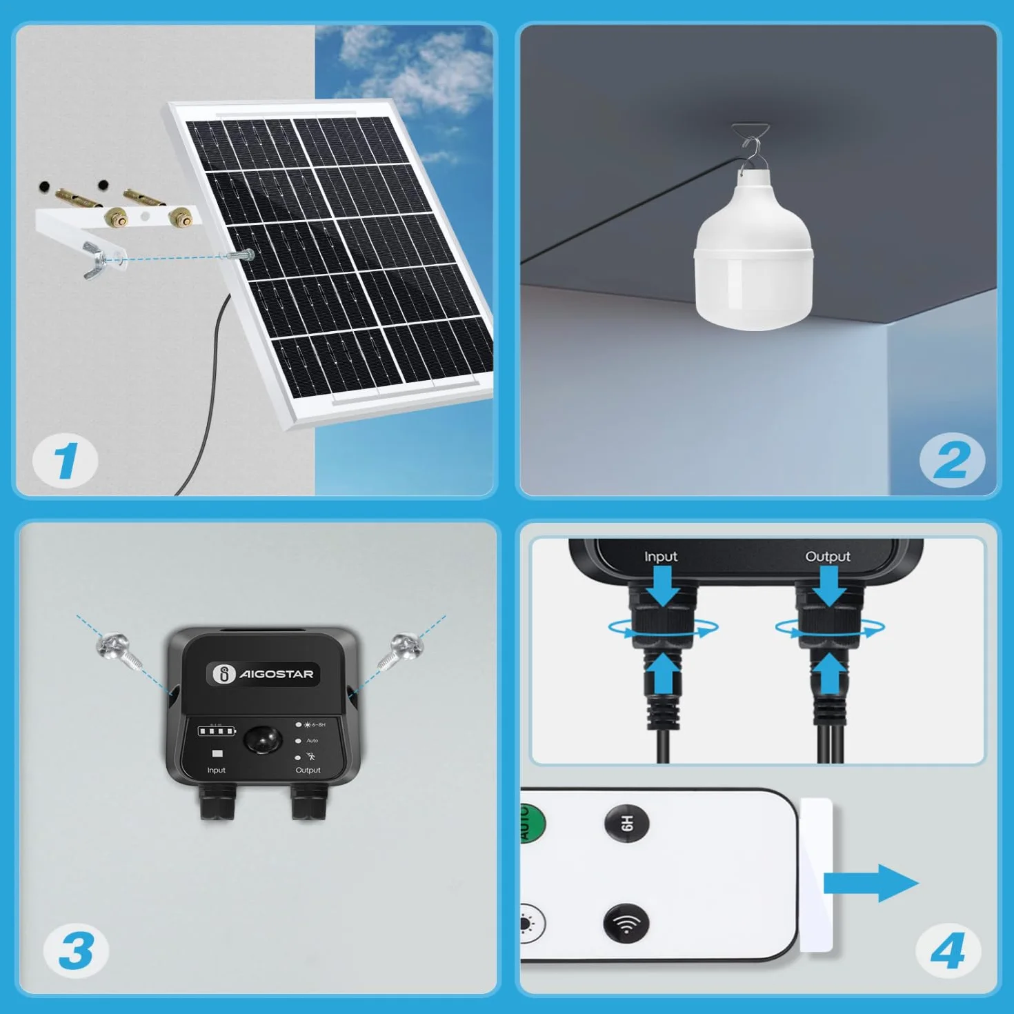 Aigostar- Luz Solar Exterior con Sensor 70W, Lámpara Solar Exterior con Mando a Distancia y Caja de Almacenamiento de Energía, Cable de 11M, IP65 Impermeable, para Interior, Jardín, Camping, Pesca