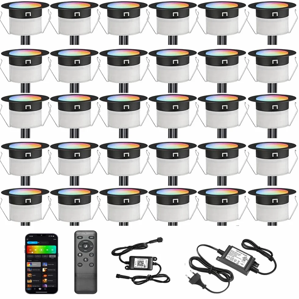 WiFi - Foco LED empotrable, exterior RGBW-GEYUEYA Home Ø45 mm 12 V RGB/blanco cálido, luces de terraza para Patio Path Steps de jardín con mando a distancia 24 teclas, lote de 30