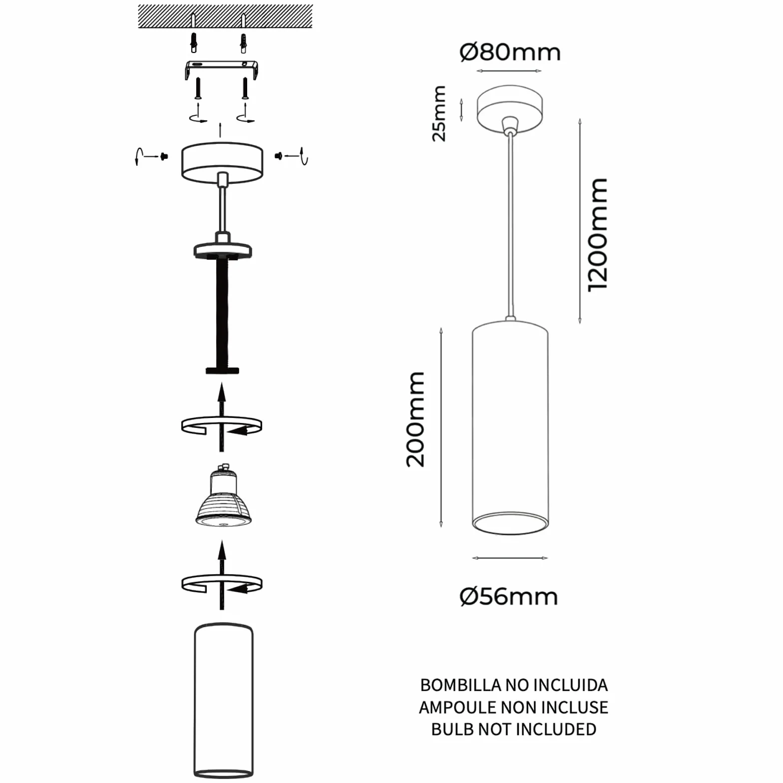 Alpinaluz Lámpara Colgante Tubular de Aluminio 20 cm GU10 120 cm Pack 2 Dorado
