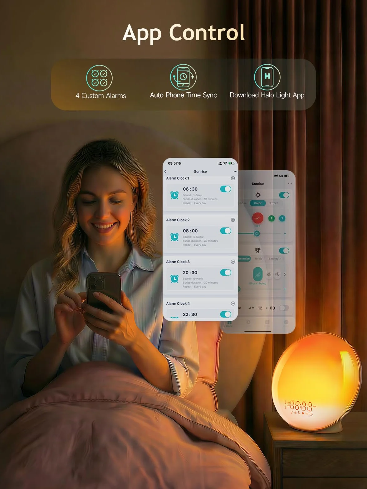Despertador Luz Wake Up Light con Simulación de Amanecer y Atardecer, App Control, 4 Alarmas, Radio FM, 12 Colores