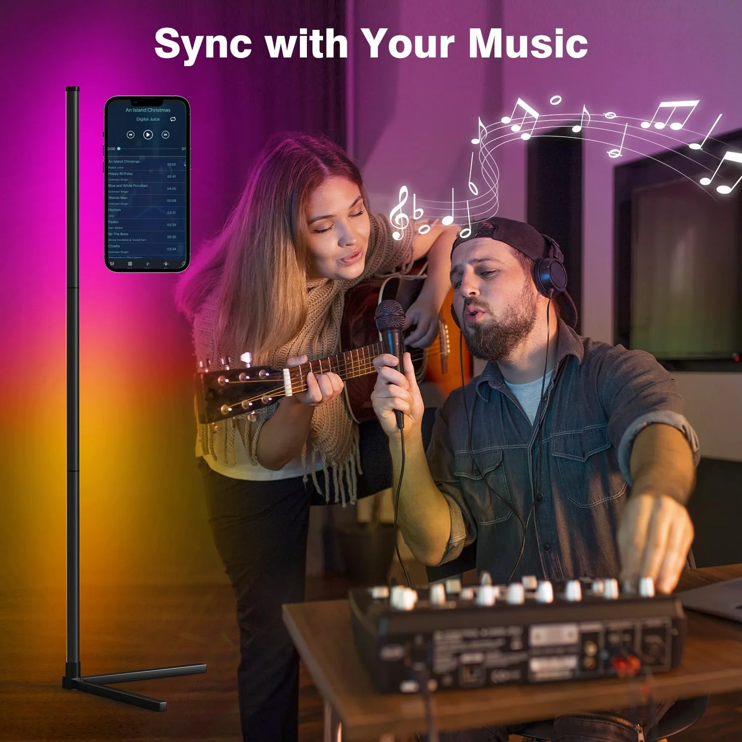 Riyo Lámpara de Pie LED RGB con APP y Mando a Distancia, 16 Millones de Colores, Sincronización de Música