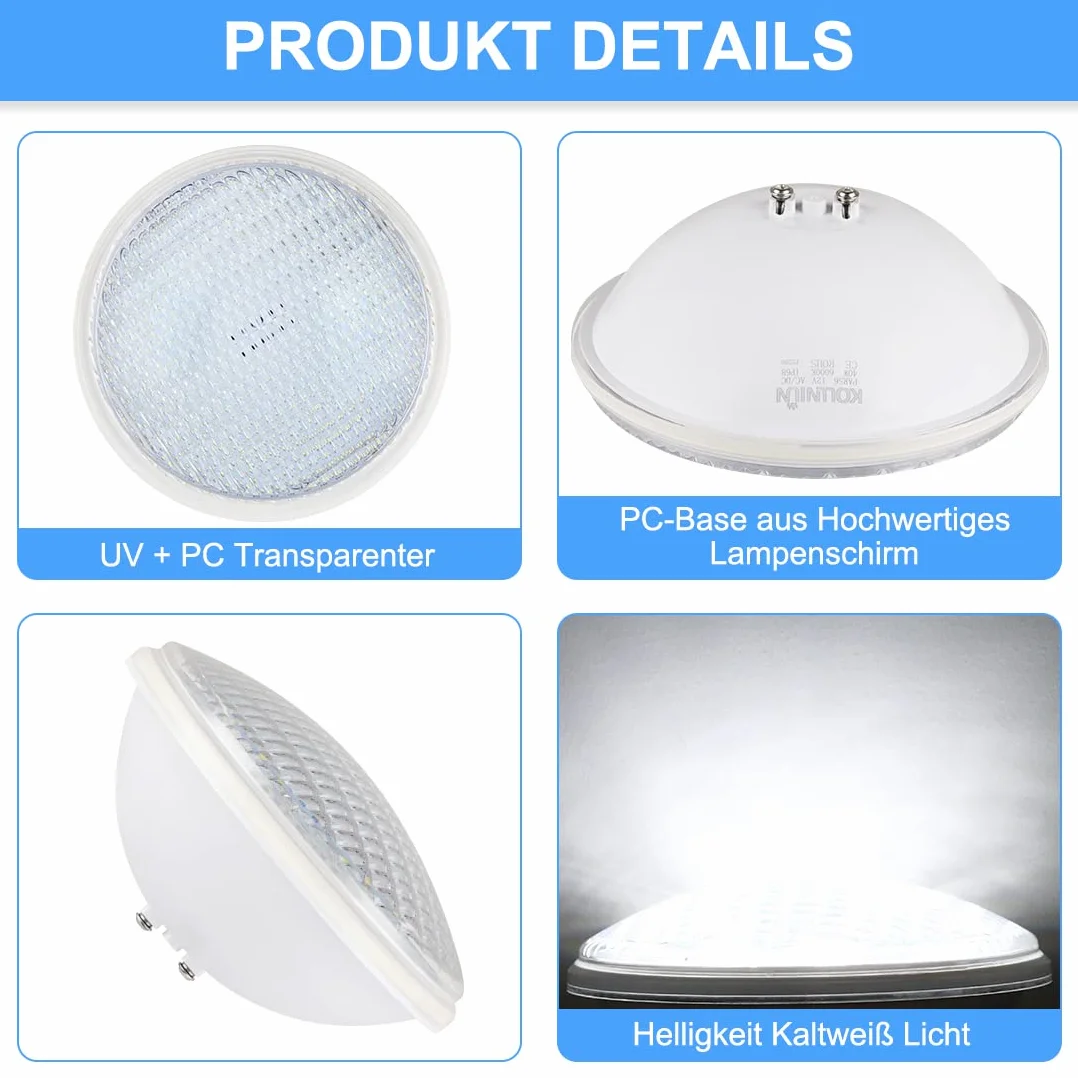 Lámpara LED para piscina, PAR56 luces para piscina, IP68 lámpara de piscina impermeable, 40W luz blanca fría subacuática, reflector de piscina de 12V AC/DC para paisaje, jardín, fuente
