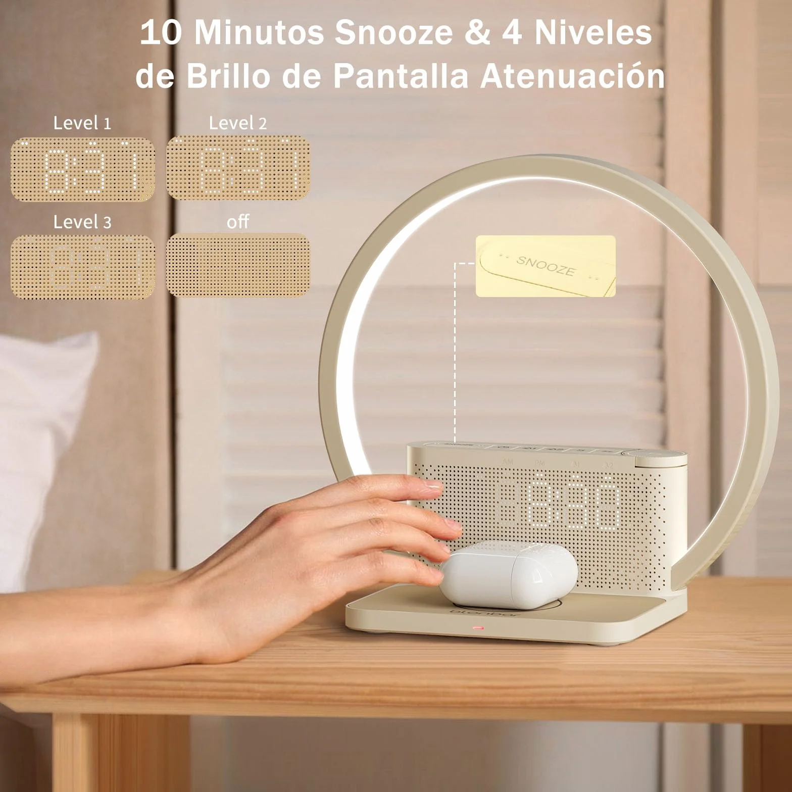blonbar Lámpara de mesilla de noche con despertador iluminado, luz para despertarse, cargador inalámbrico de 10 vatios,3 niveles de brillo atenuación táctil, música, ayuda para dormir en el dormitorio