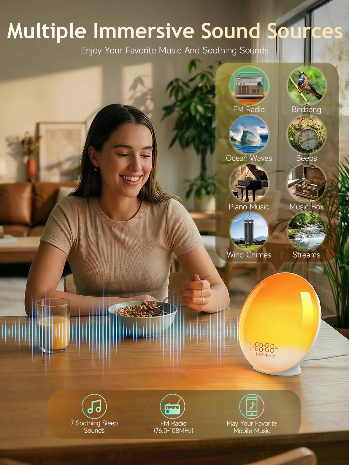 Despertador Luz Wake Up Light con Simulación de Amanecer y Atardecer, App Control, 4 Alarmas, Radio FM, 12 Colores