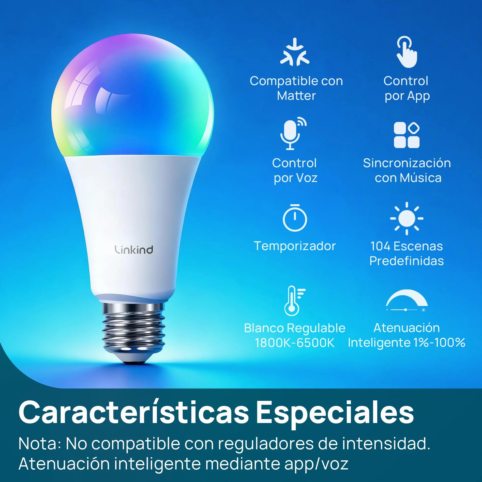 Linkind Bombilla Inteligente E27 Matter de 1600 lm, Compatible con HomeKit (104 escenas), 14 W, RGBTW de 2,4 GHz,Compatible con Apple HomeKit/Alexa/Siri/Google/SmartThings, 3 unidades