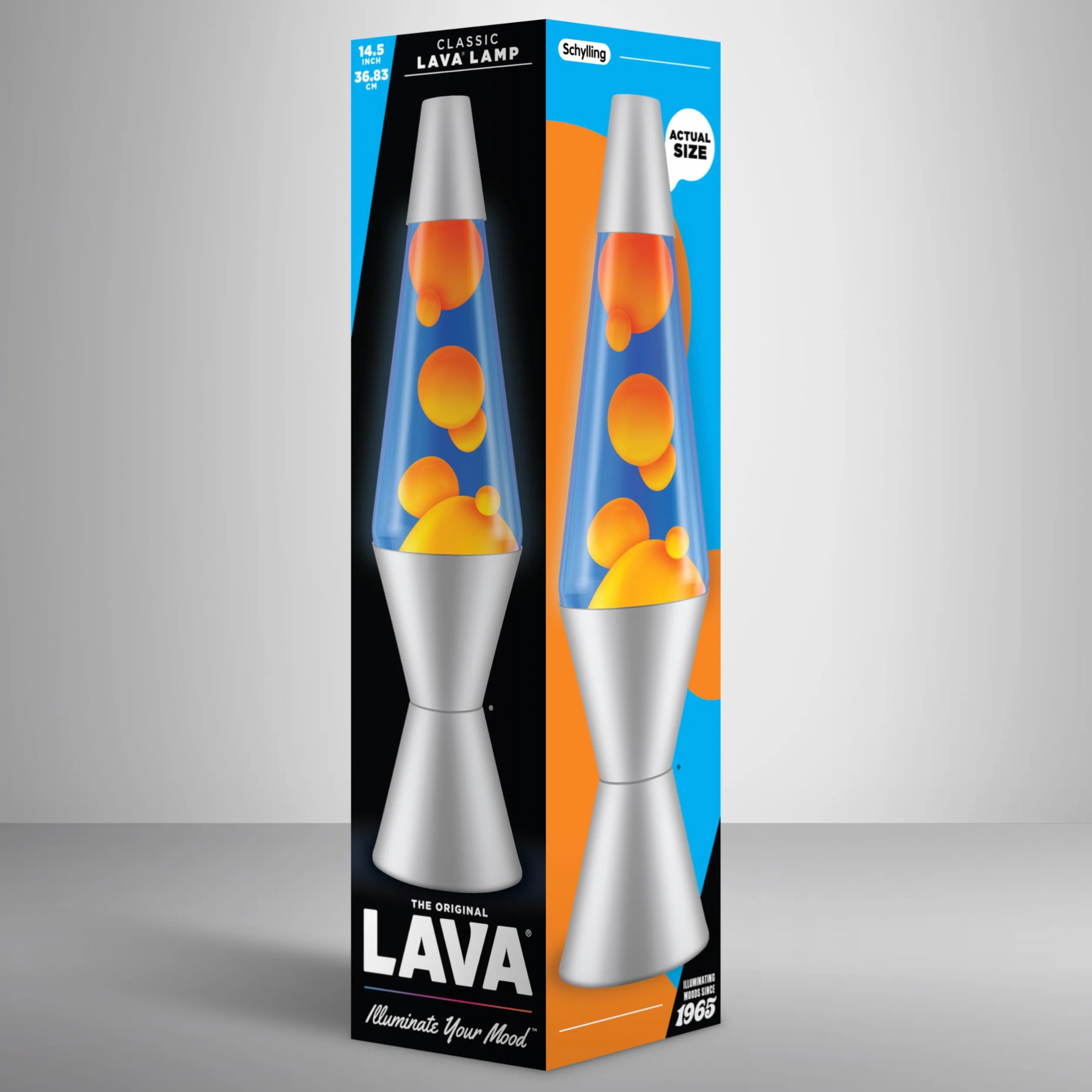 LAVA® Lámpara Lava 2117, original 14,5 pulgadas, cera naranja, líquido azul, plateado