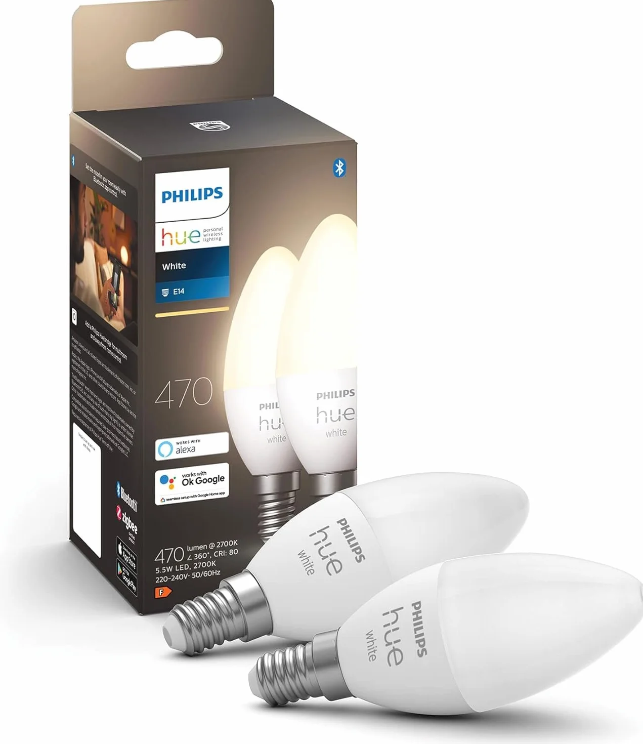 Philips Hue - Bombilla LED Inteligente, B39 E14, Luz Blanca Cálida Regulable, 5.5W 470 Lumens, Compatible con Alexa y Google Home - Pack de 2 Bombillas LED Inteligentes
