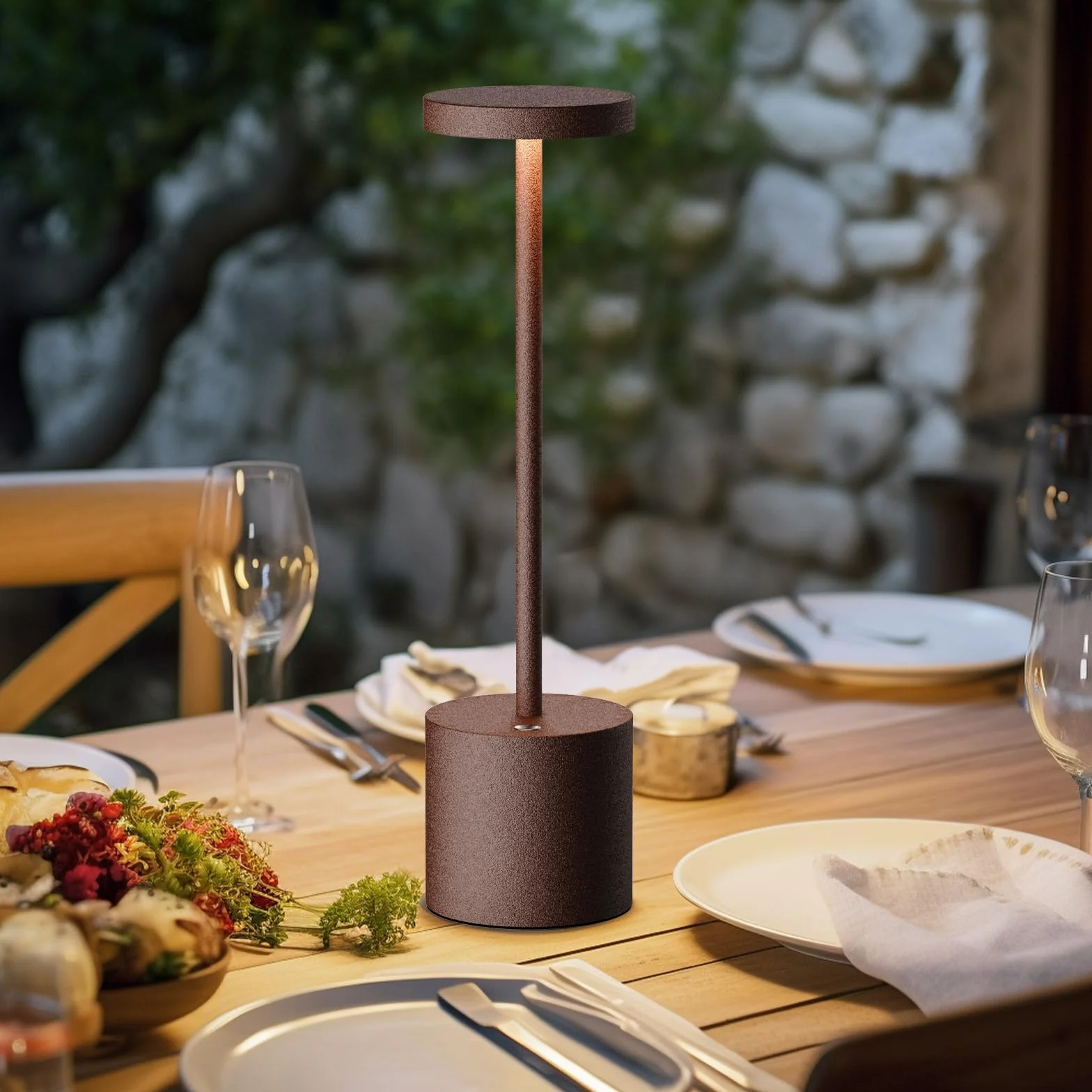 2 Piezas Lámpara de Mesa Inalámbrica, Lámpara de Mesa LED Recargable de 5000mAh, Regulable, Lámpara de Metal, Para el Comedor, el dormitorio, el exterior (Corten)