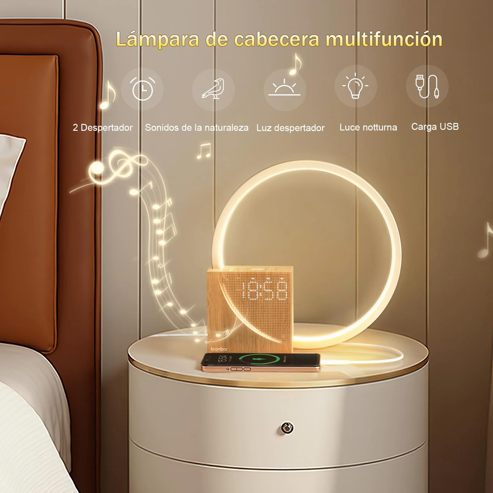 blonbar Despertador de Luz Natural de Cabecera 10W con Carga USB, Luz Nocturna Táctil de 3 Niveles de Brillo, Ayuda para el descanso de adultos y bebés