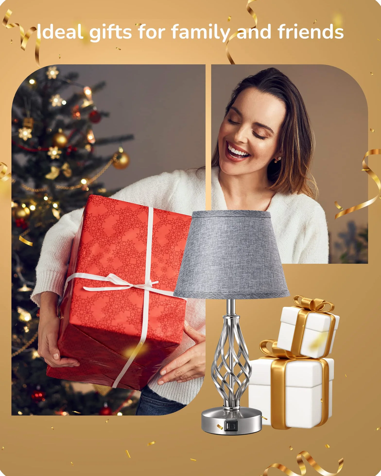 EDISHINE Lámpara de Noche LED Regulable Táctil 2 Lámparas de Mesa 2 Puertos USB de Carga para Dormitorio, Salón, Alféizar de Ventana, Regalo, Pantalla de Lino, Gris