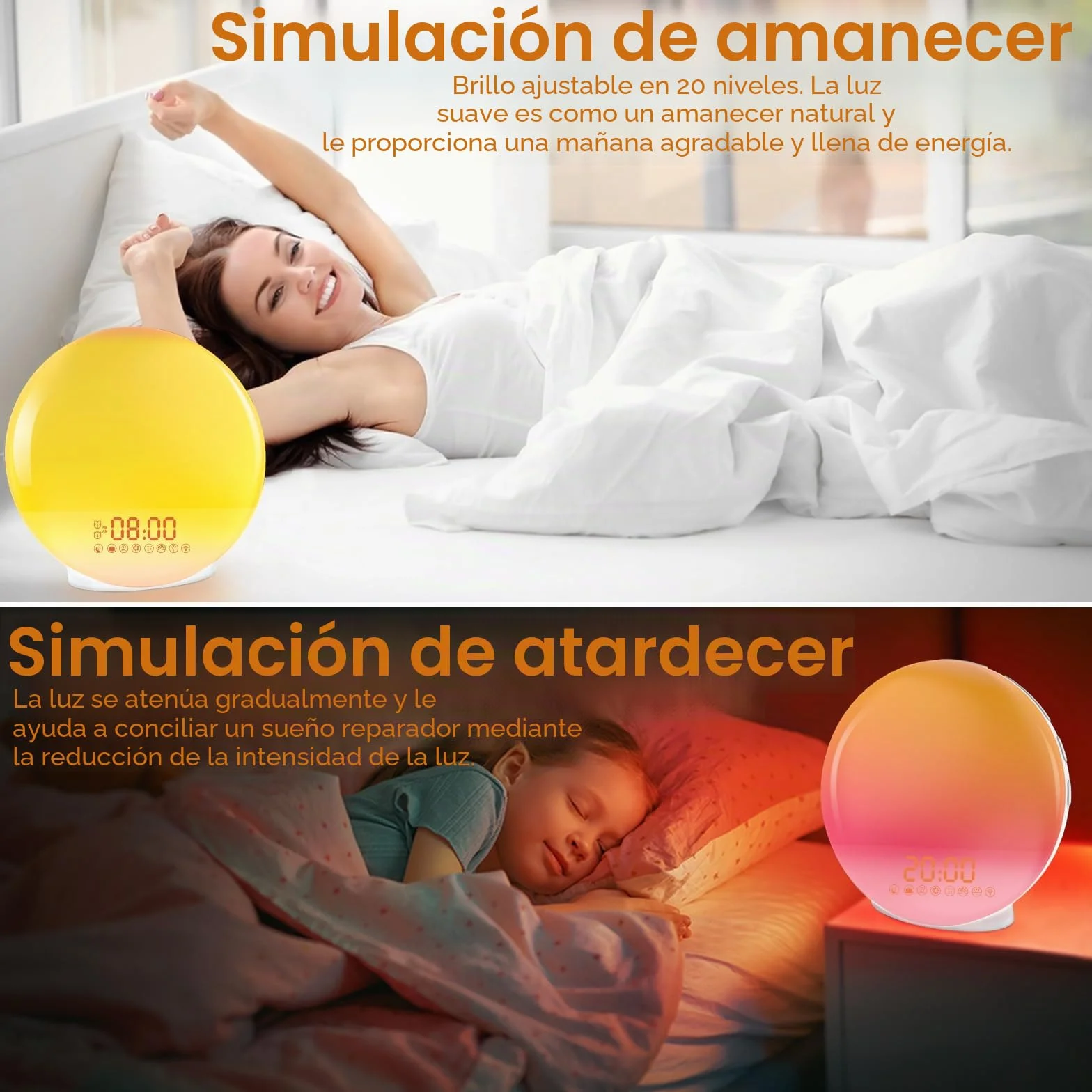 Cadrim Wake Up Light Despertador Luz Amanecer Simulación 7 Colores Snooze 8 Sonidos Naturales Radio FM 20 Niveles Brillo