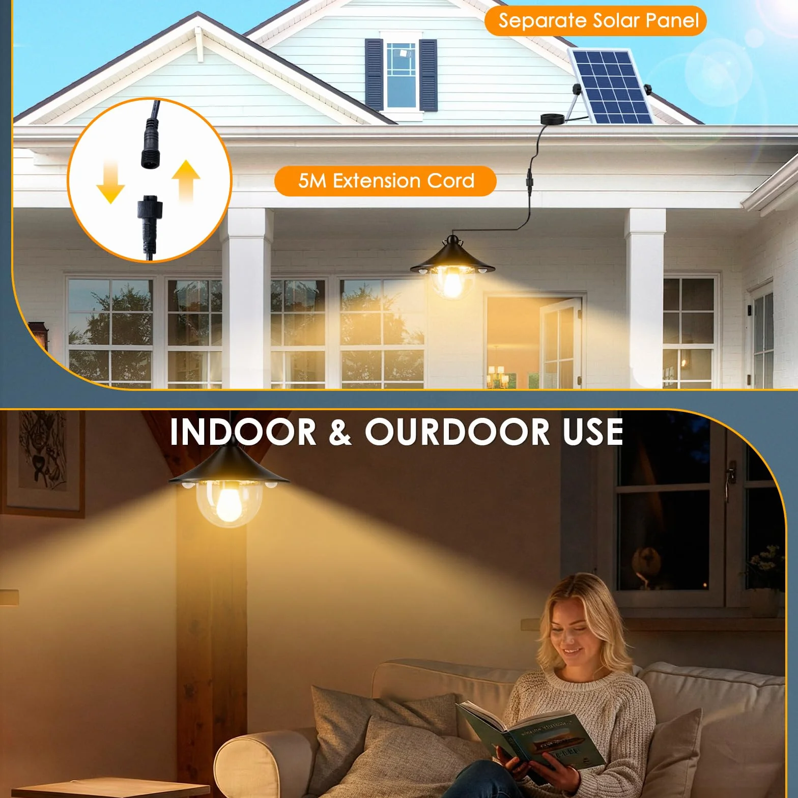 Quntis Lámpara Solar Colgante Interior Exterior 1000LM con Mando a Distancia 2 Piezas, 3 Temperaturas de Color, Sensor de Movimiento, IP65 Impermeable, Luz Solar Techo para Jardín Garaje Terraza