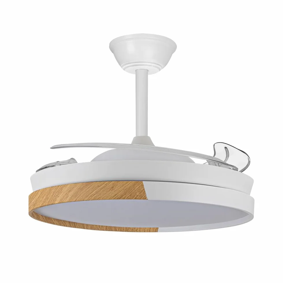Ventilador de techo con aspas retráctiles Arpino Blanco+Madera LED 48W CCT 3000-6000K Regulable Silencioso