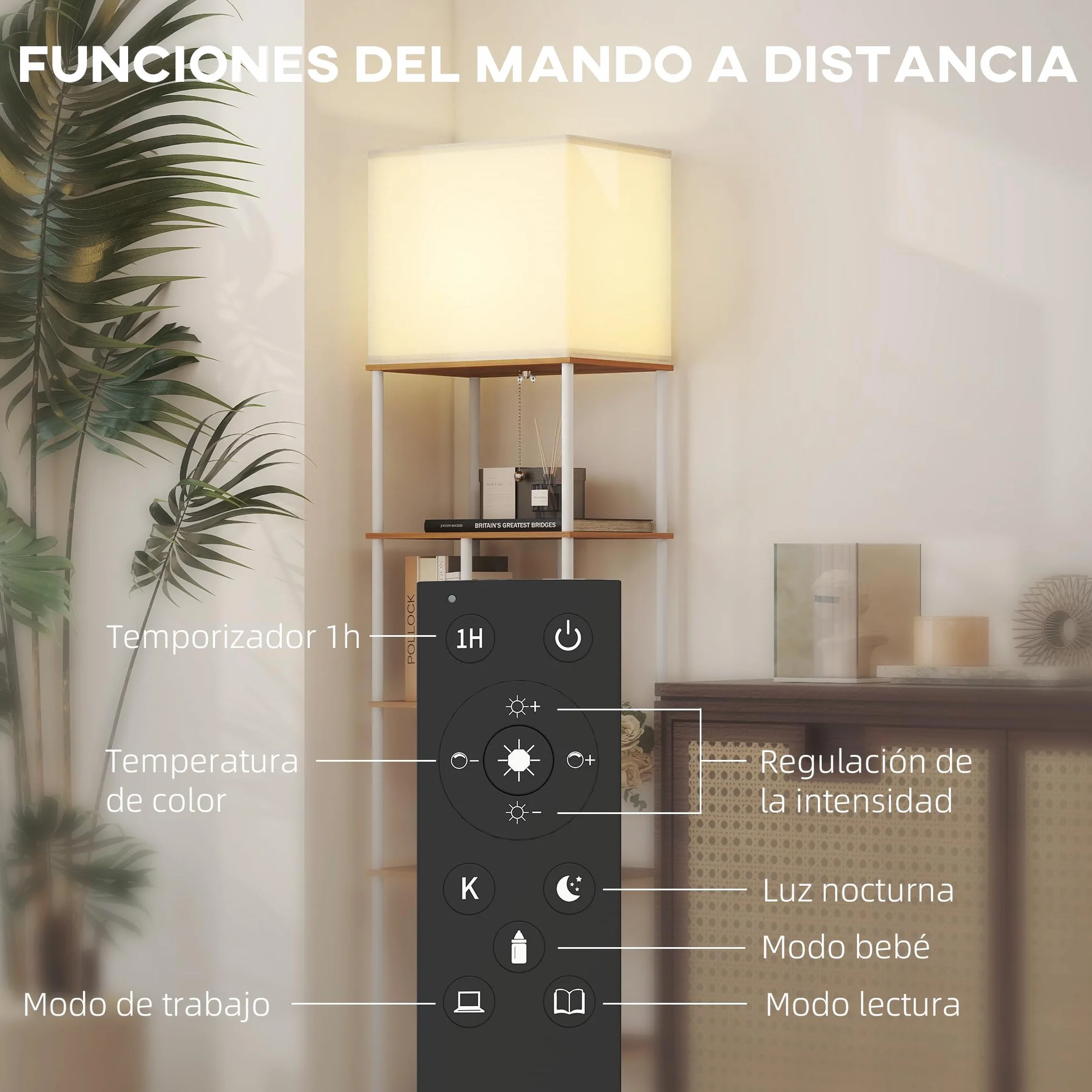 HOMCOM Lámpara de Pie con Estantes, 3000K-6500K Ajustable, Control Remoto, 5 Modos, 9W E27