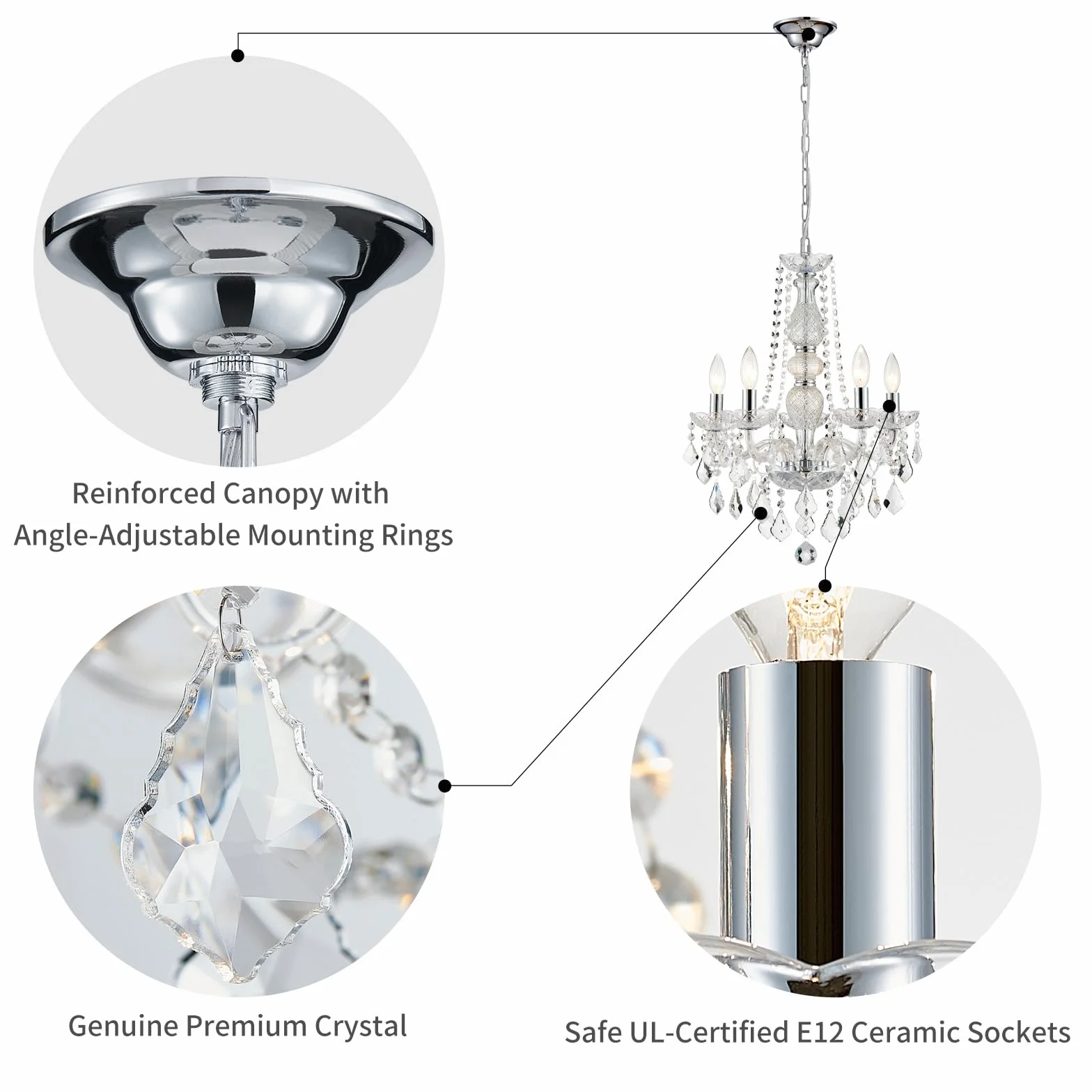 WUZUPS Crystal 5-Light Candle Chandelier Flushmount Chrome Ceiling Light, H 63.5cm x W 50.8cm, E14