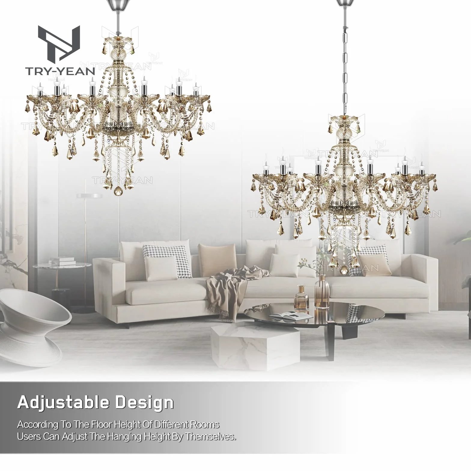 Lámparas de Araña de Coñac Lampara Cristal Colgante Clásico 10 Luces Lámparas Techo Lagrimas K9 Cristal Candelabro con Cadena Ajustable para Dormitorio, Salón, Comedor, Restaurante E14