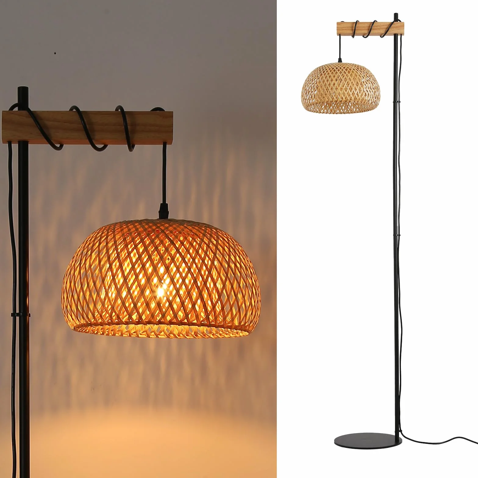 Alpinaluz Lámpara de Pie Mimbre Natural 157 cm E27 Estructura Negra Madera