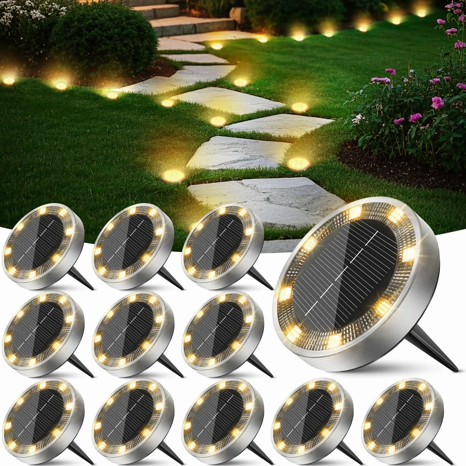 Peasur 12 Paquetes Luces Solares LED Exterior Jardin Suelo IP65 Impermeable Blanco Cálido