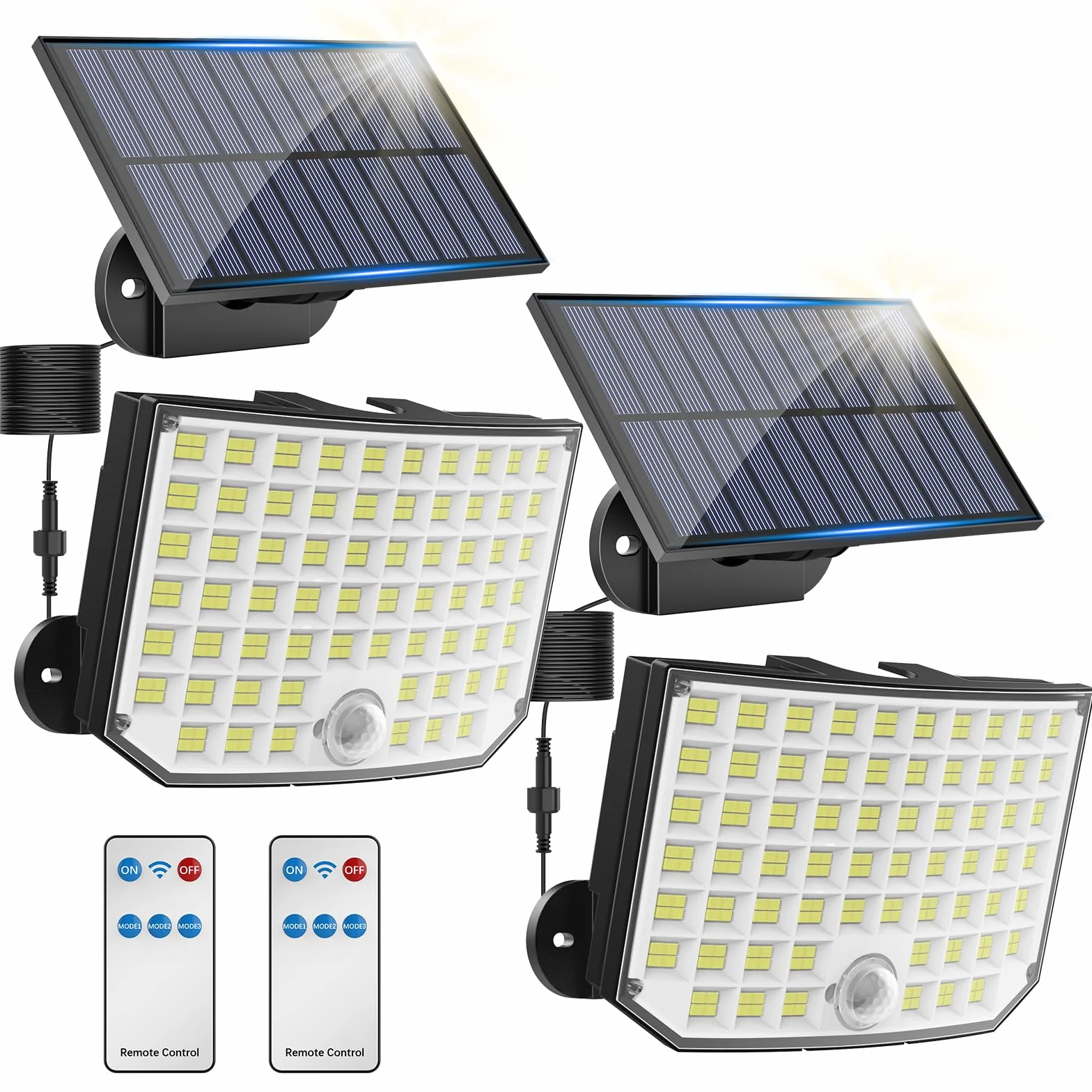 Luces Solares Exterior Jardin, Foco Solar 256 LED 2 Paquete Separar Lampara Solar con Mando a Distancia 3 Modes IP65 con Sensor de Movimiento para Garajes Caminos