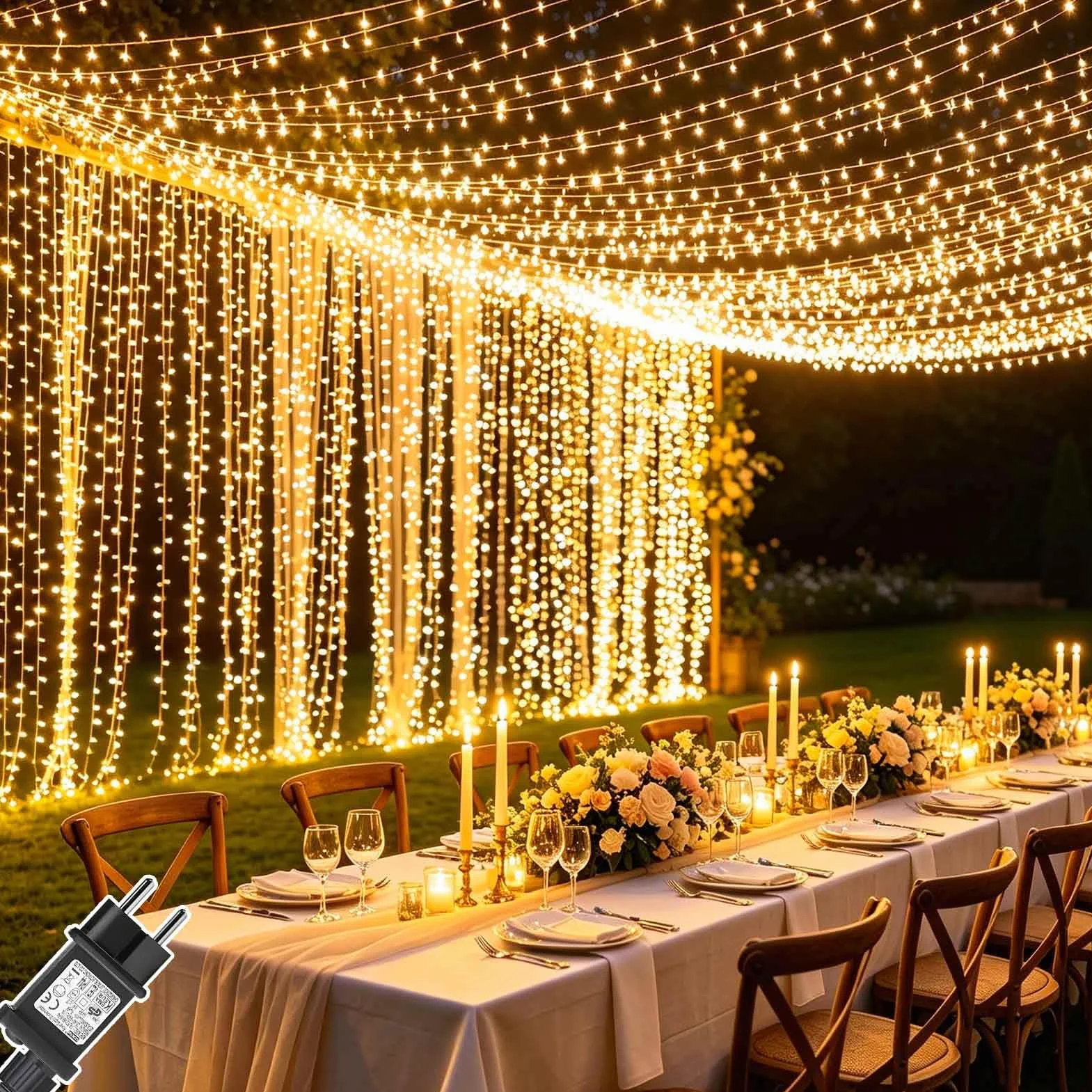 Cozymeow Cortina de Luces 6M x 3M 600 LED Impermeable Exterior Blanco Cálido