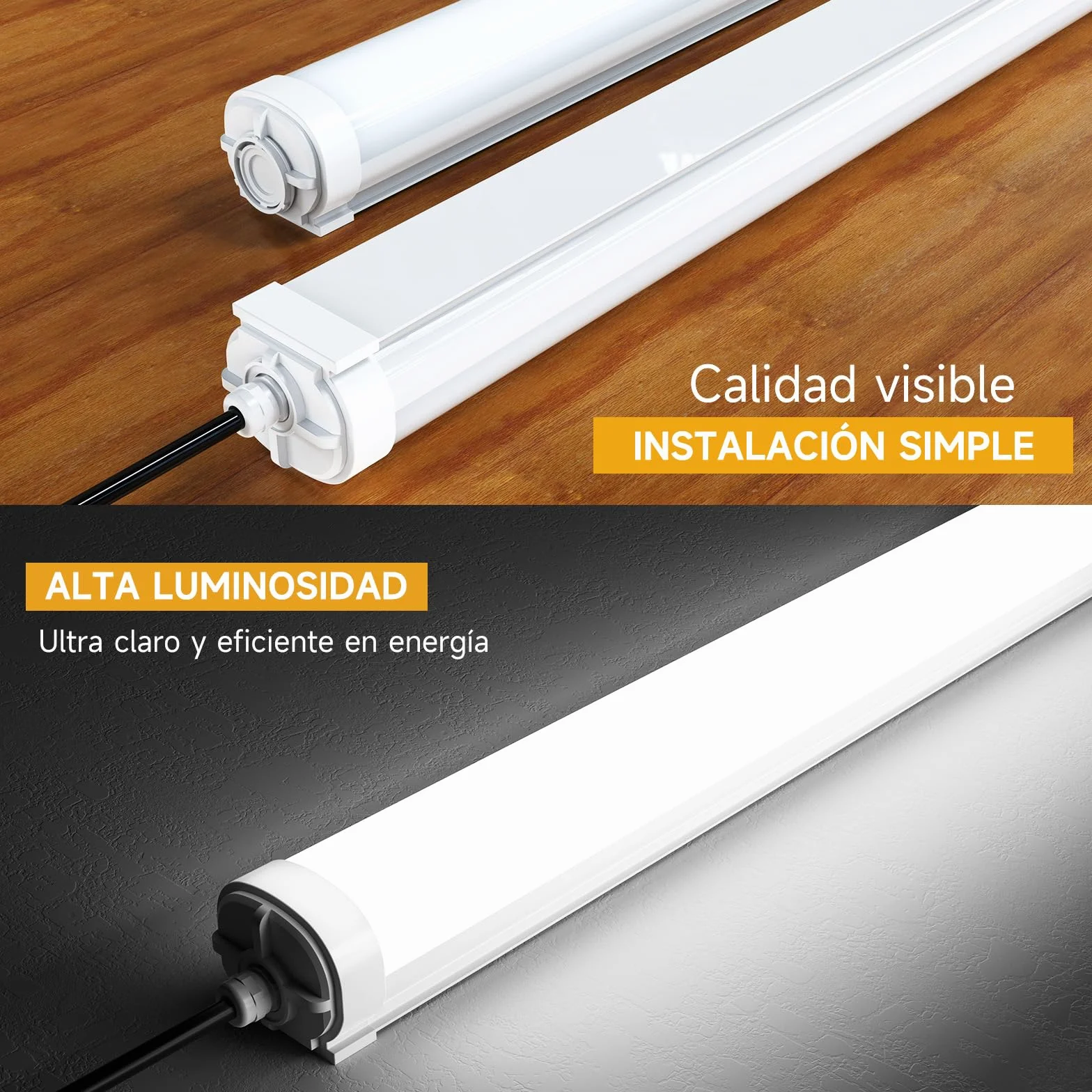 Lámpara de Techo LED 60CM, Fluorescente LED 18W, 2250lm, IP65 Impermeable, 6000K, Conectable, para Garaje, Taller, Cuarto de Baño, Oficina