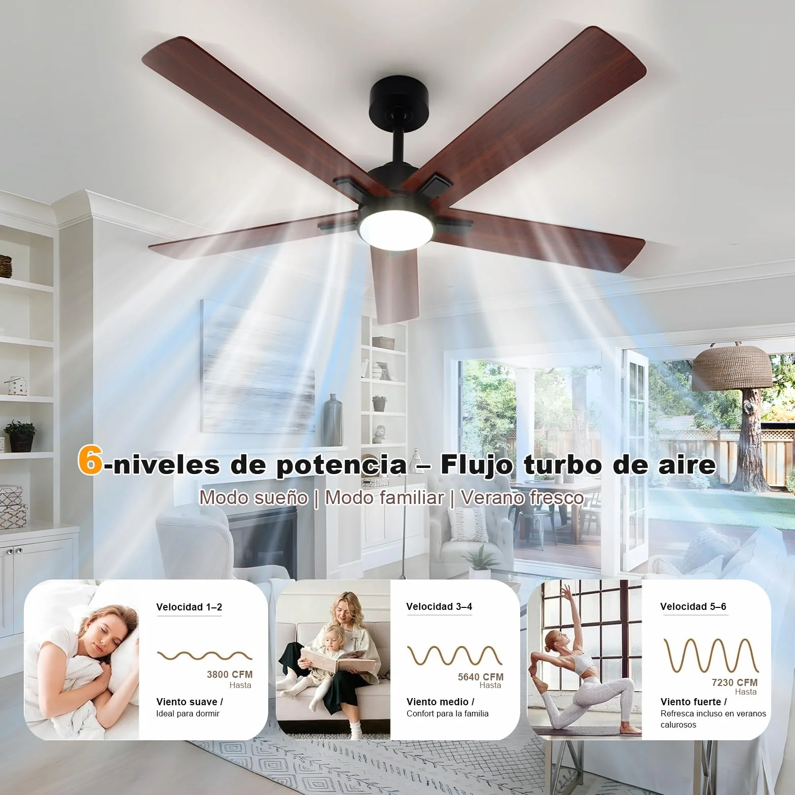 Ventilador de Techo con Luz DC, 132 cm, 3 Temperaturas de Color, 6 Velocidades, Función Verano/Invierno, Nogal