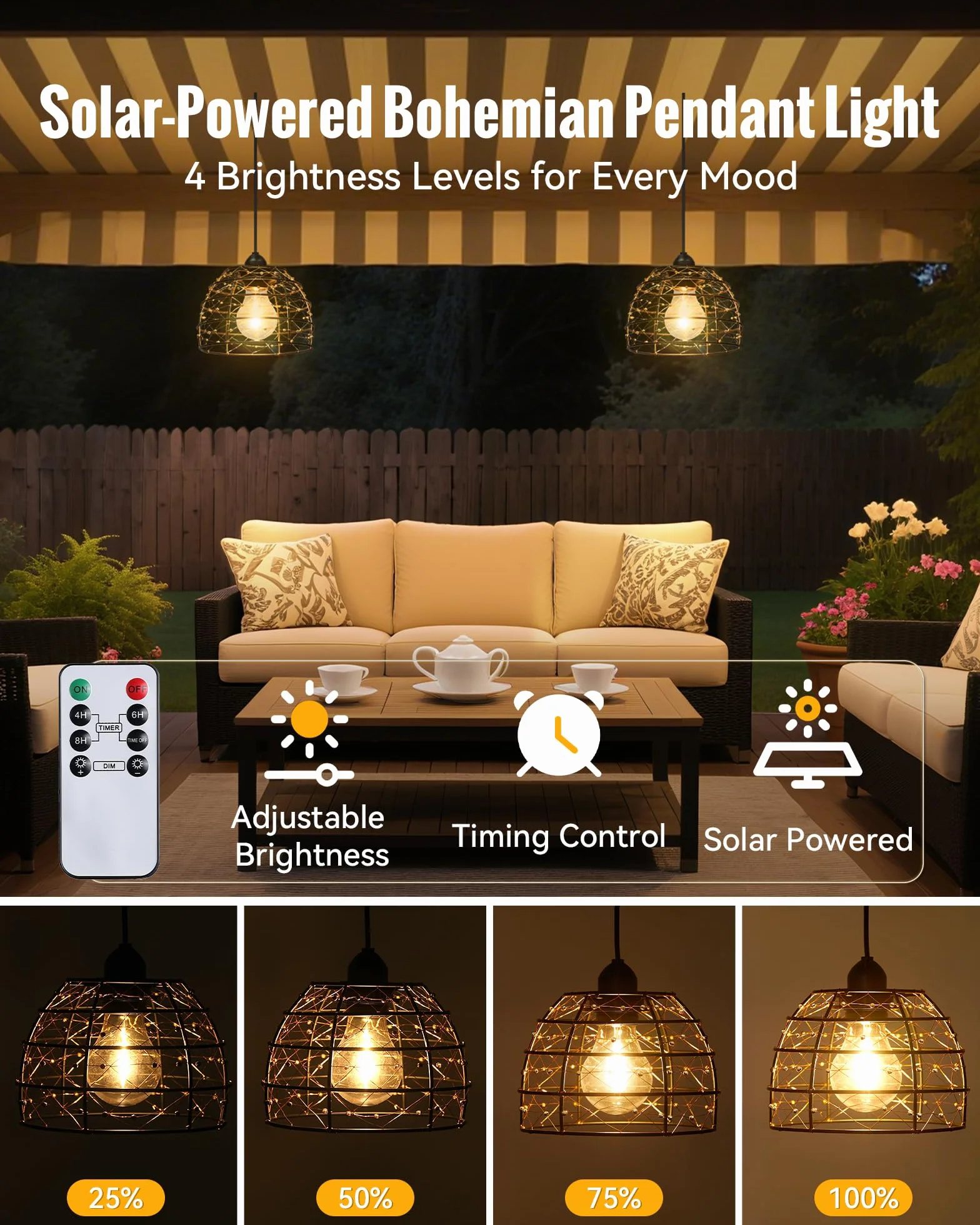 2 Lámpara Solar Exterior de Estilo Bohemio, Luces Exterior Solar con Temporizador de 4/6/8 Horas y 4 Ajustes de Brillo, Impermeable IP65 para Patios, Balcones y Jardines