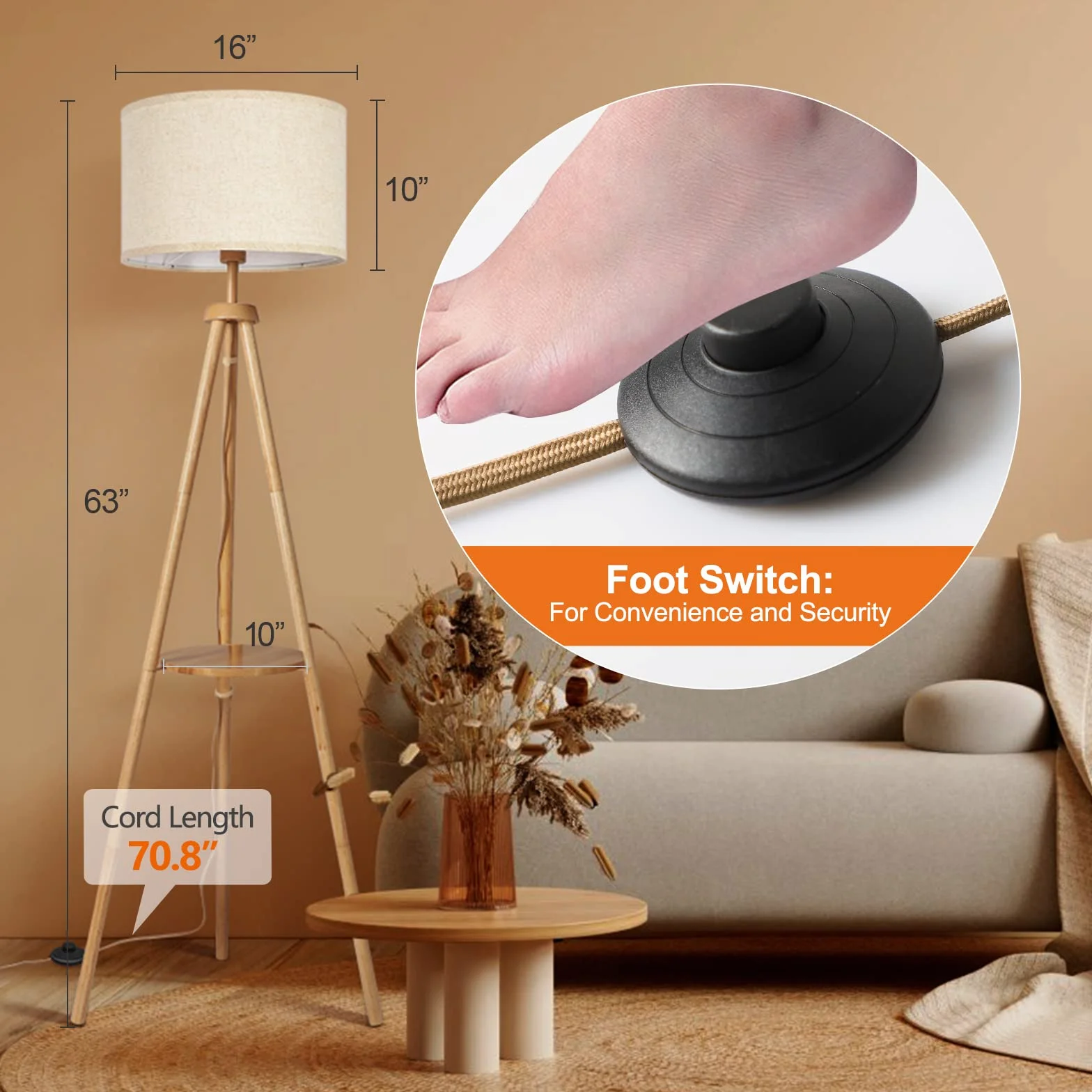 OUTON Lámpara de Pie con Control Remoto, Ajustable, 4 Temperaturas de Color, Temporizador 1H, Madera