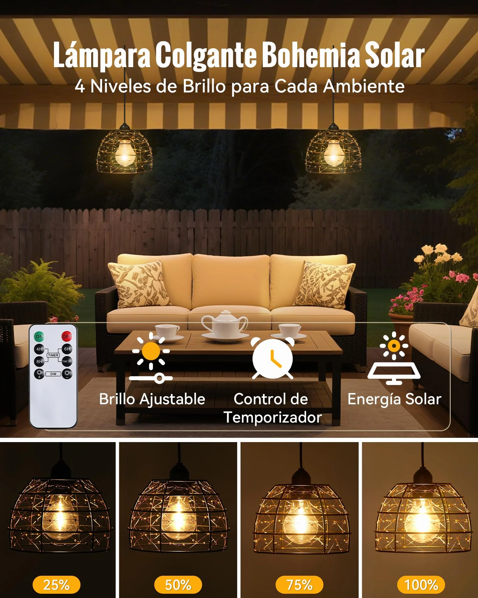 Lámpara Solar Exterior de Estilo Bohemio, Impermeable IP65 Luces Exterior Solar con Temporizador de 4/6/8 Horas y 4 Ajustes de Brillo, para Patios, Balcones y Jardines - 2 Unidades