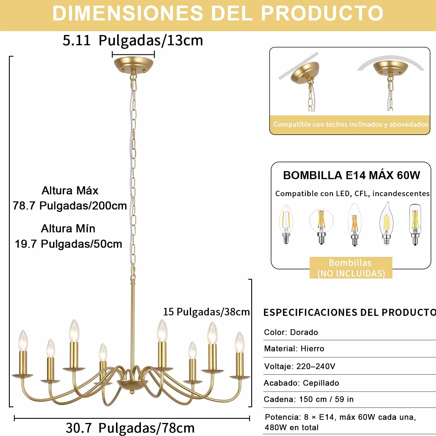 Lámpara Colgante Industrial Dorada 8 Luces E14 Vintage para Salón