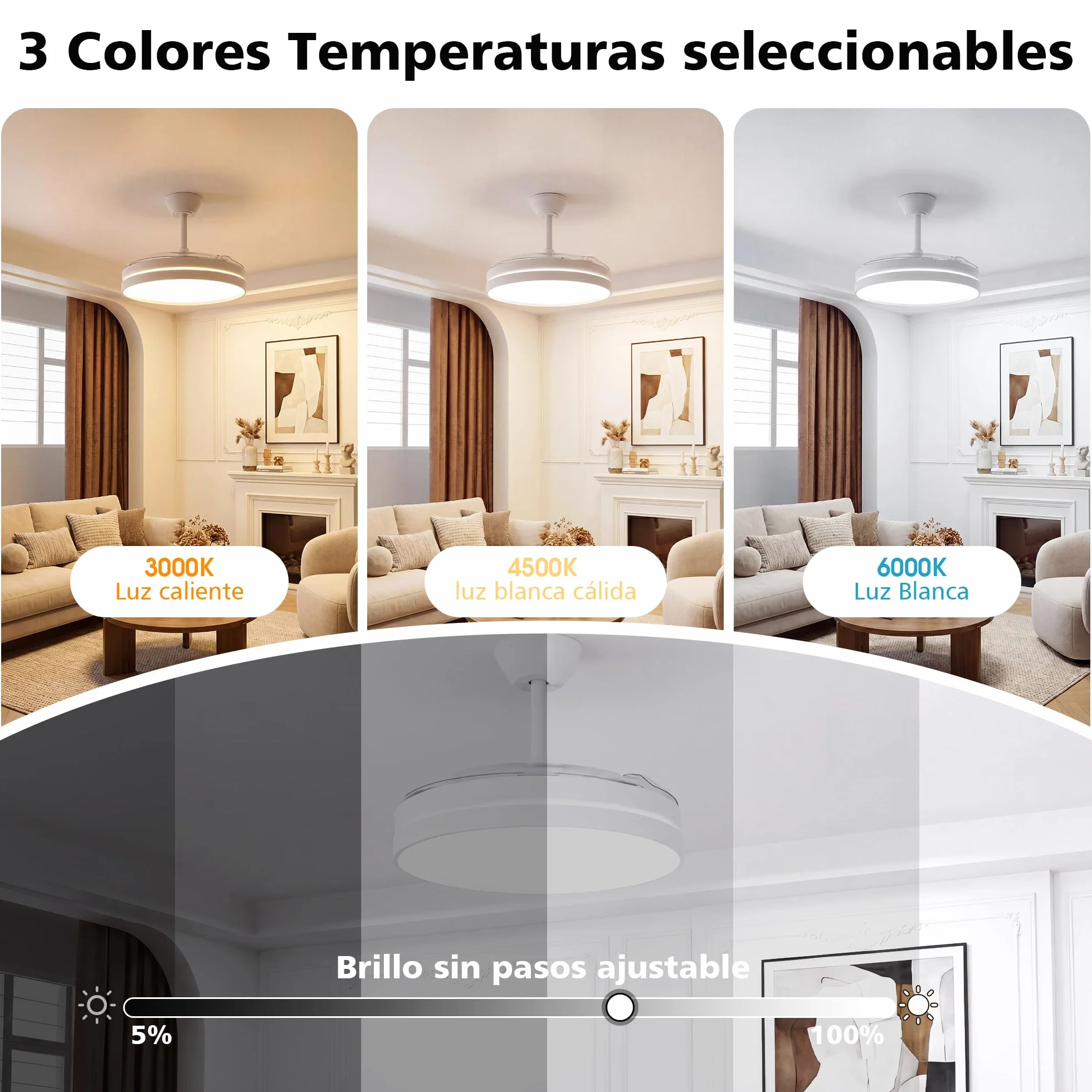 NIORSUN Ventilador de techo con luz,42" (106cm) Ventilador de techo,3 tonalidades, aspas desplegables, 40w 6 velocidades, APP&control remoto, Función Verano-Invierno,Blanco