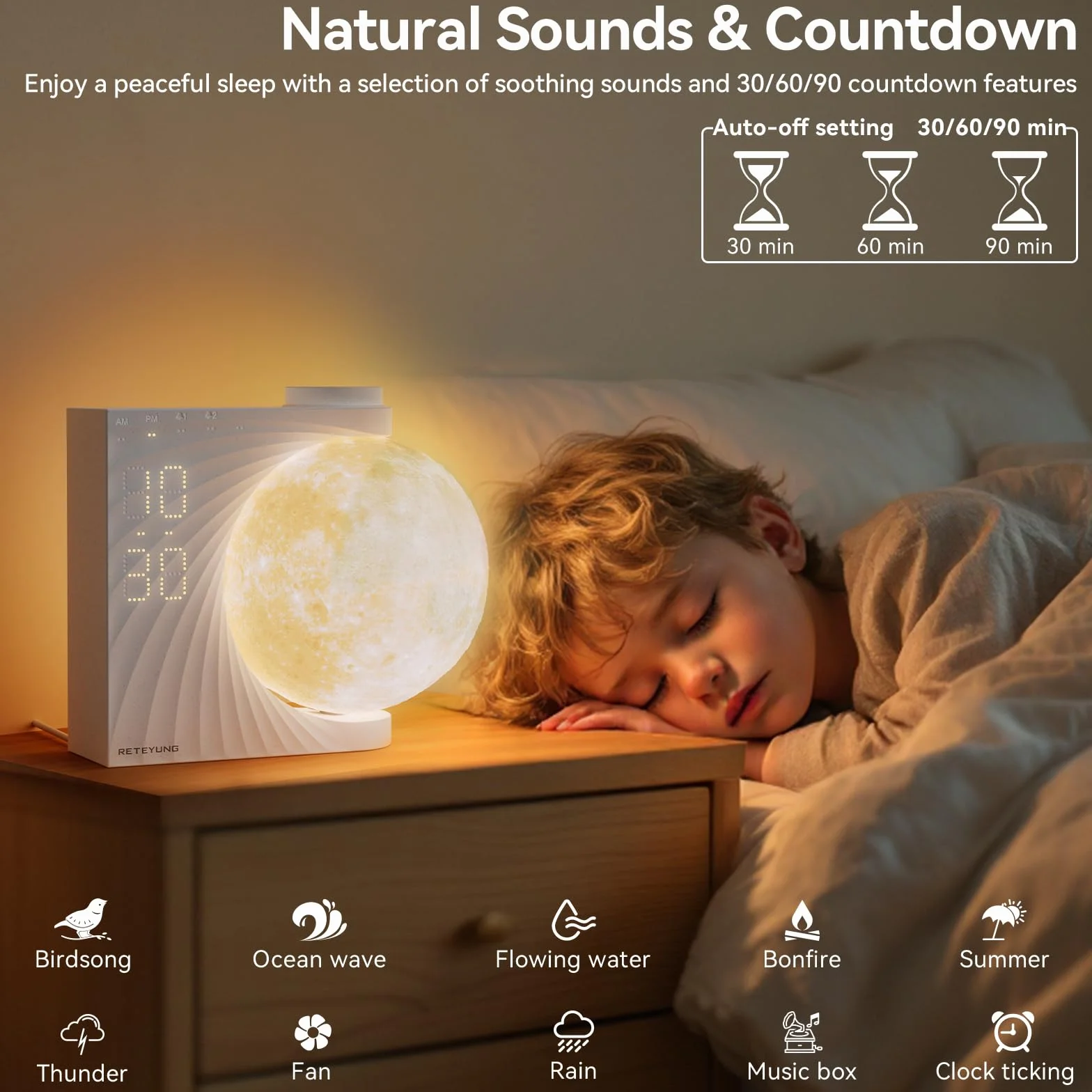 RETEYUNG Lámpara Luna Despertador Amanecer Luz Nocturna RGB 8 Colores 10 Sonidos Naturales Función Snooze 3 Niveles