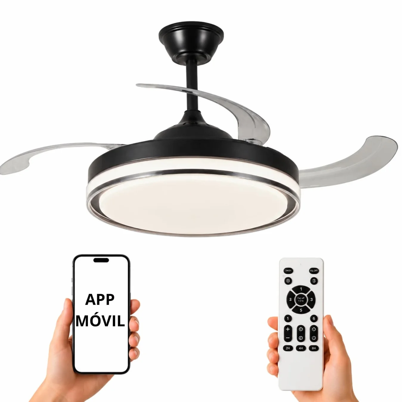 NARVI Ventilador de Techo Negro con Luz LED Regulable, Motor DC 30W Silencioso, 3 Aspas Retráctiles, Función Invierno Verano