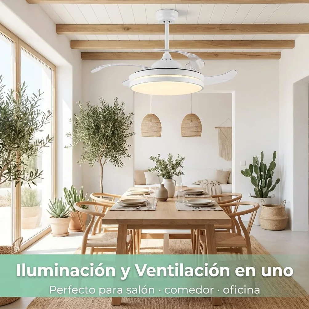 Don Feliz Ventilador de techo con luz LED 4 Aspas Retráctiles, 3 modos de luz, control por mando y app, 55W Motor DC